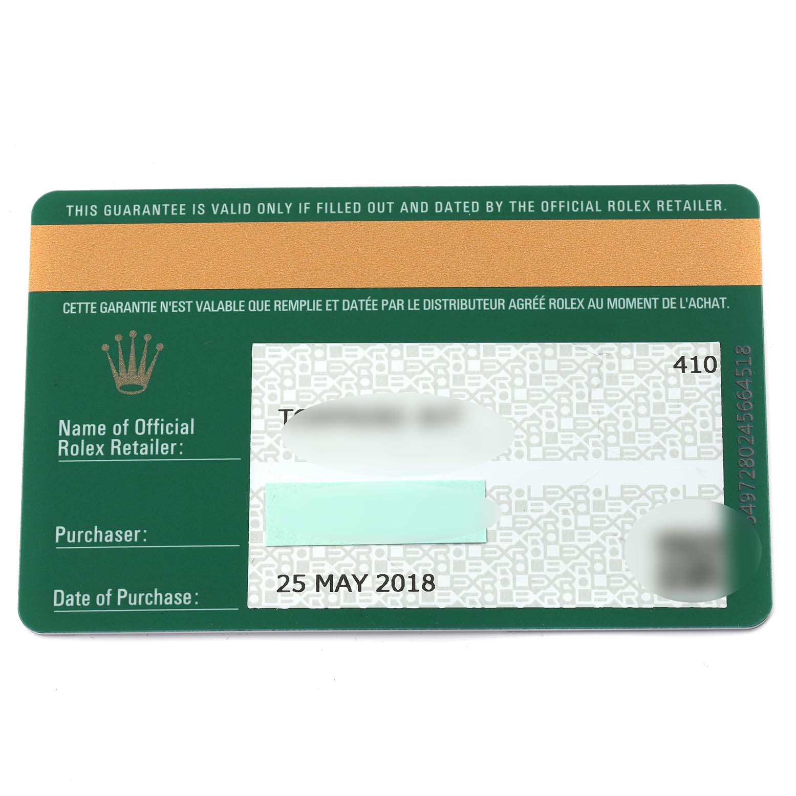 The image shows a warranty card for a Rolex Submariner 116613LN Men's Steel and Gold (two tone) Black Dial 116613LN Men's Steel and Gold (two tone) Black Dial, not the watch itself.