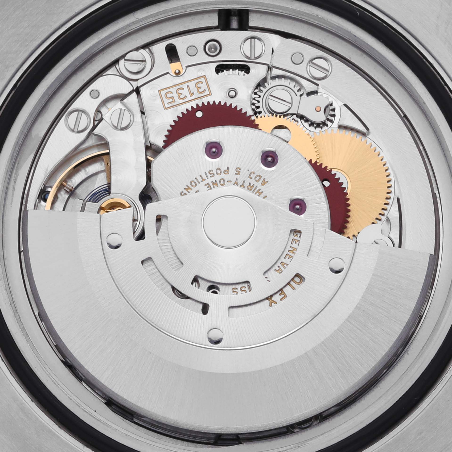 The image shows the movement mechanism of a Rolex Submariner 116613LN Men's Steel and Gold (two tone) Black Dial 116613LN Men's Steel and Gold (two tone) Black Dial watch from a top-down angle, highlighting the gears and rotor.