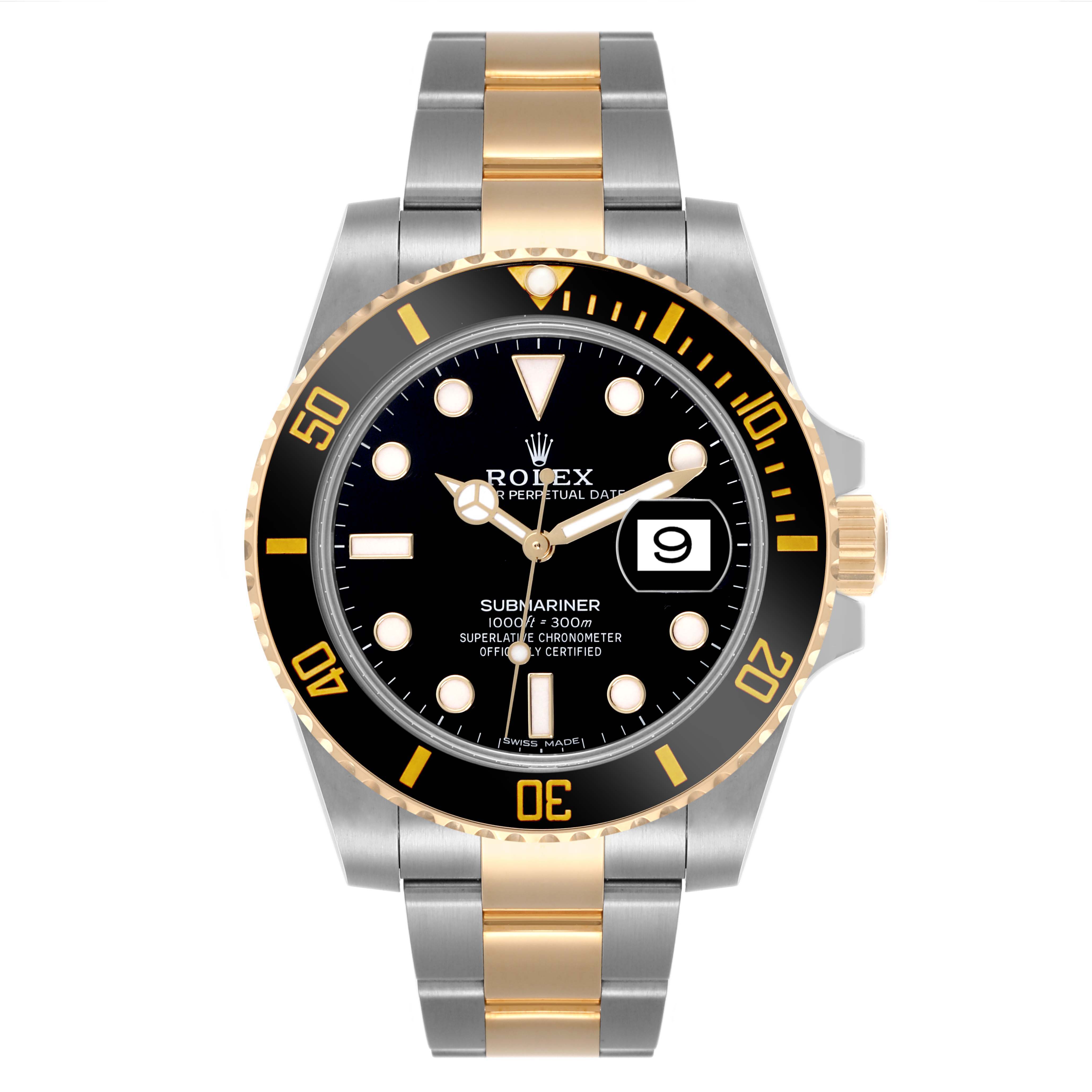 The Rolex Submariner 116613LN Men's Steel and Gold (two tone) Black Dial 116613LN Men's Steel and Gold (two tone) Black Dial watch is shown from a top view, featuring its two-tone bracelet, bezel, and dial with date window.