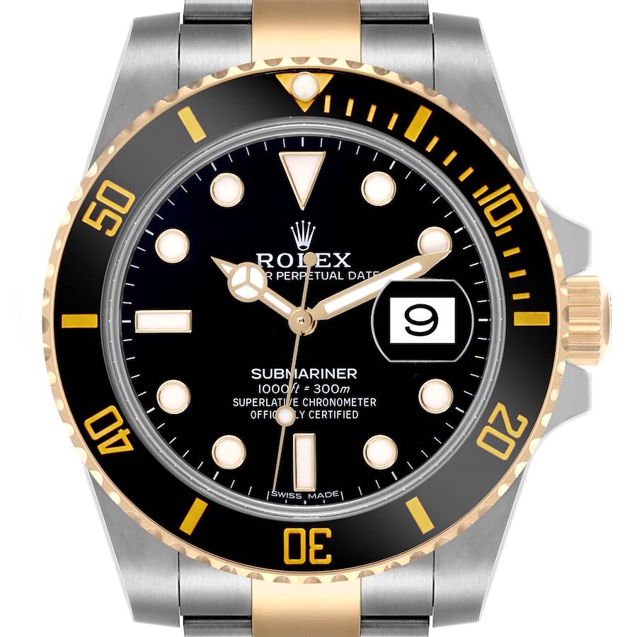 The image shows a frontal view of a Rolex Submariner watch, displaying the dial, bezel, and part of the bracelet.