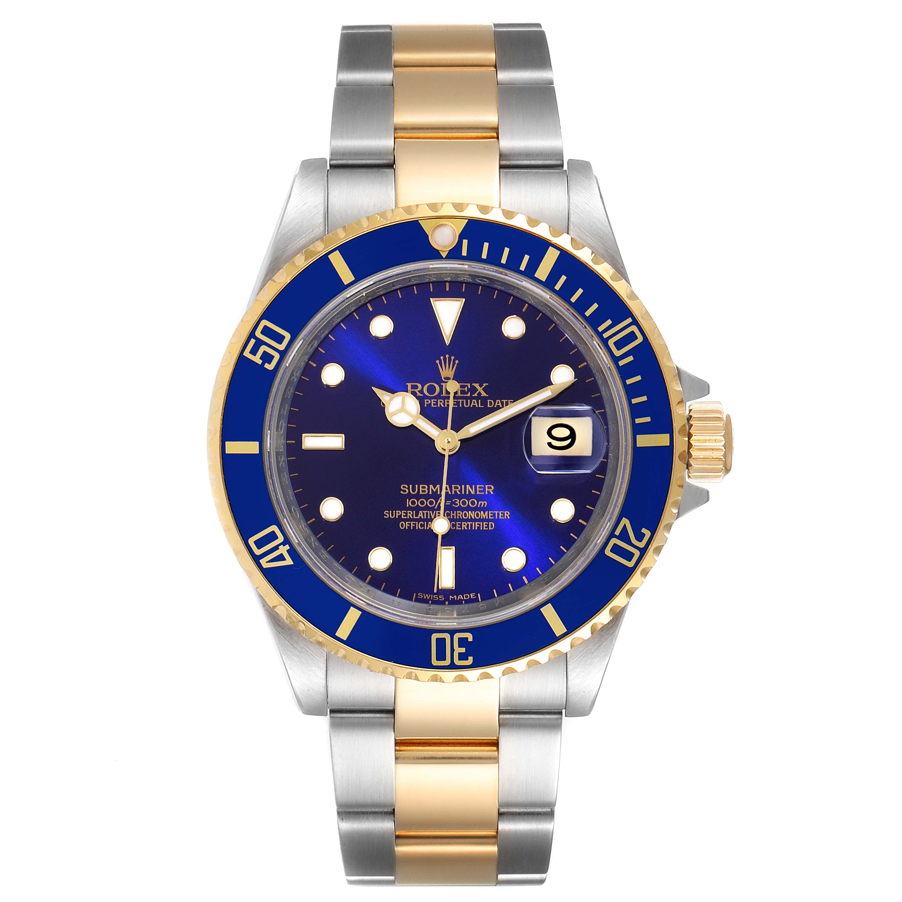 The Rolex Submariner 16613 Men's Steel and Gold (two tone) Blue Dial 16613 Men's Steel and Gold (two tone) Blue Dial watch is shown from a top-down angle, highlighting its blue dial, gold and silver bracelet, and date function.