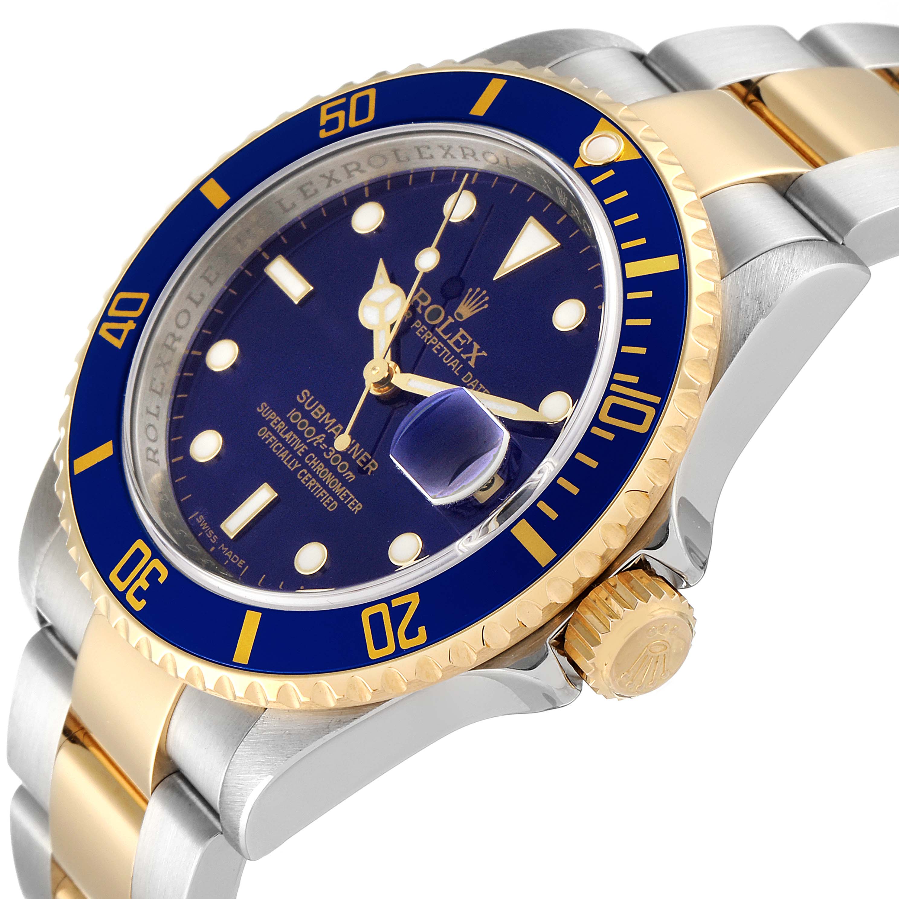 The image shows a side angle of the Rolex Submariner 16613 Men's Steel and Gold (two tone) Blue Dial 16613 Men's Steel and Gold (two tone) Blue Dial watch highlighting the blue dial, bezel, crown, and the two-tone bracelet.