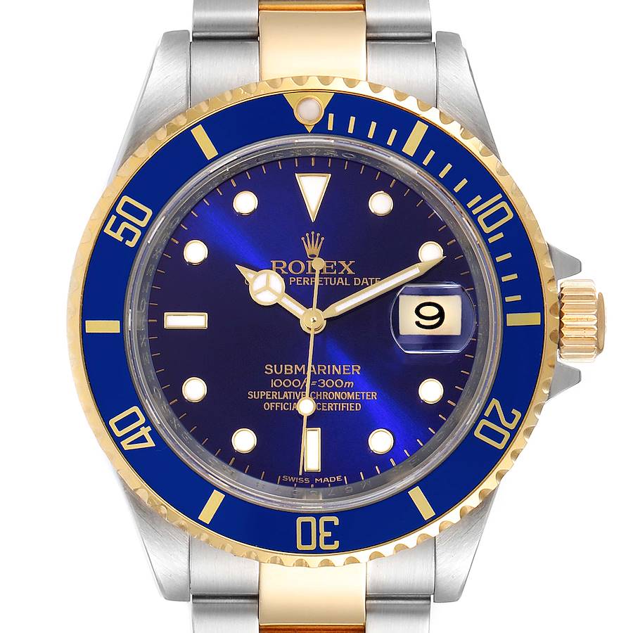 Rolex Submariner Steel Yellow Gold Purple Blue Dial Mens Watch 16613 SwissWatchExpo