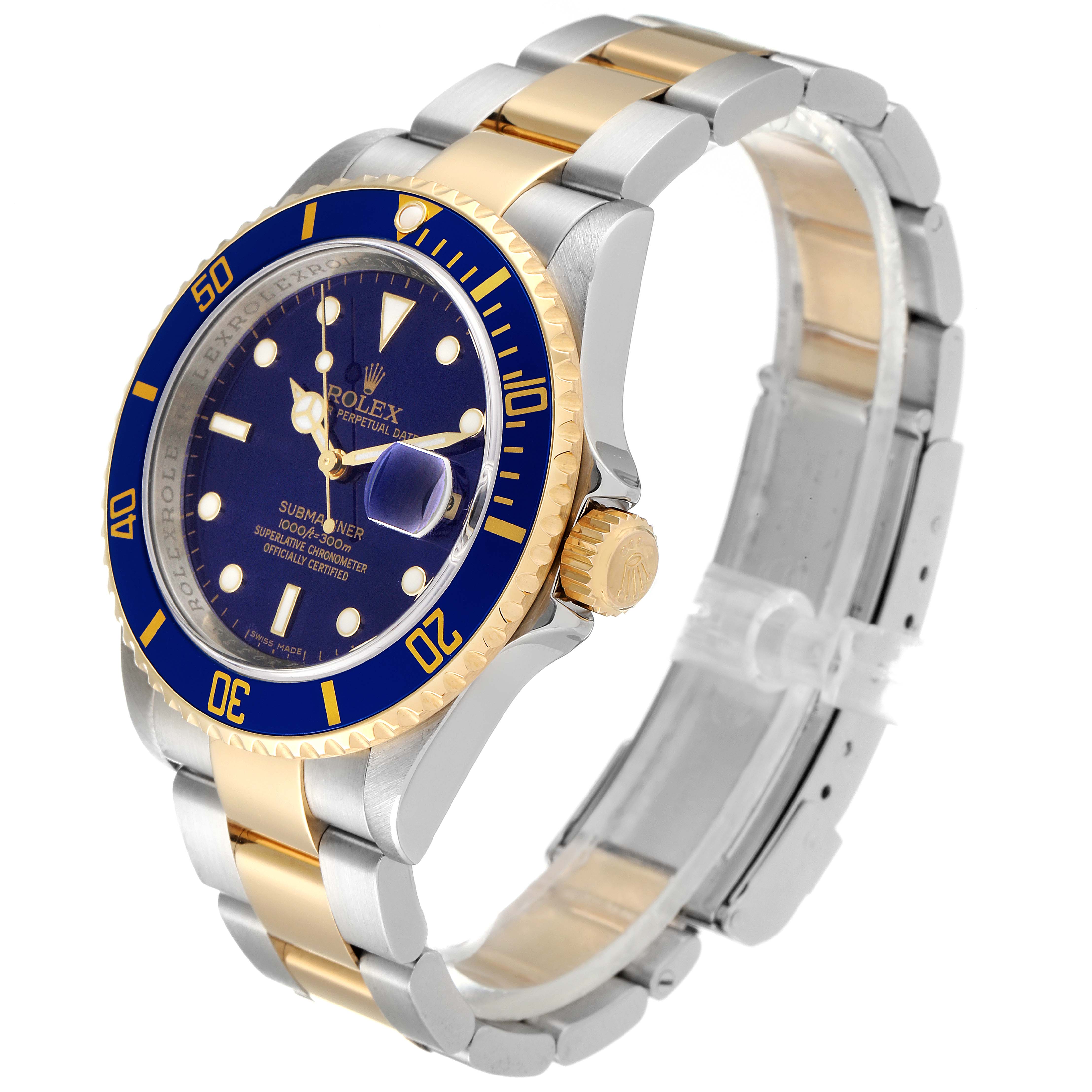This is an angled view of a Rolex Submariner 16613 Men's Steel and Gold (two tone) Blue Dial 16613 Men's Steel and Gold (two tone) Blue Dial, showing the blue dial, gold bezel, and two-tone bracelet.