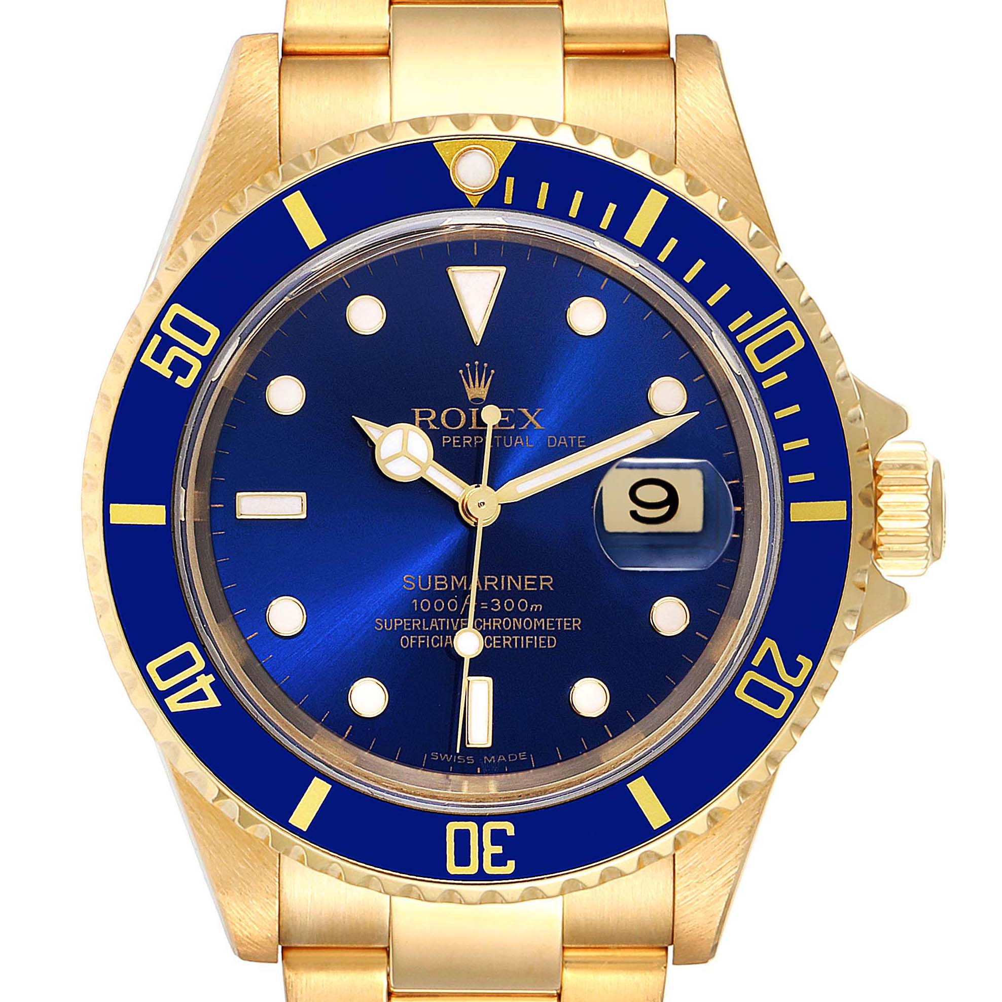 This Rolex Submariner 16618 Men
s Yellow Gold Blue Dial 16618 Men
s Yellow Gold Blue Dial watch is shown from a top view, highlighting the dial, bezel, case, and part of the bracelet.