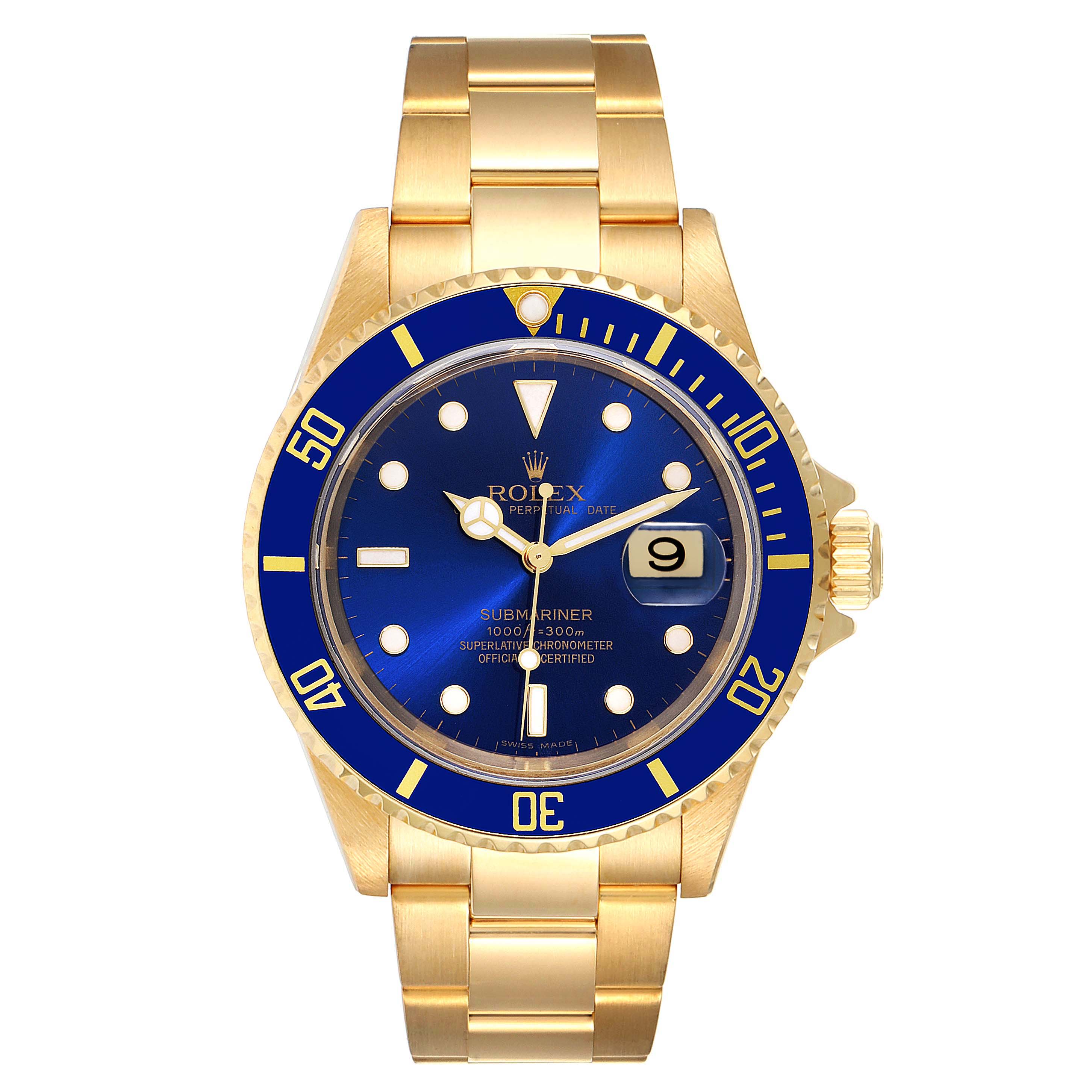 The image shows a front view of a Rolex Submariner 16618 Men
s Yellow Gold Blue Dial 16618 Men
s Yellow Gold Blue Dial watch with a gold band and blue dial.