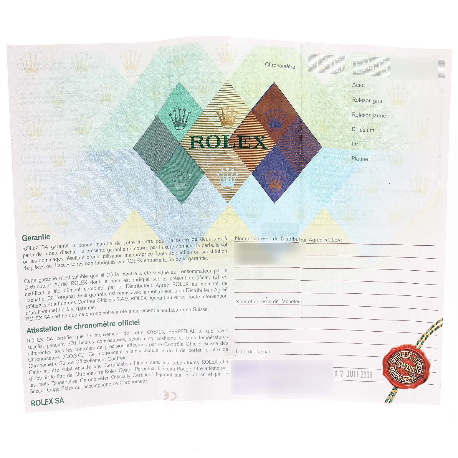 The image shows the warranty card and certificate of a Rolex Submariner 16618 Men
s Yellow Gold Blue Dial 16618 Men
s Yellow Gold Blue Dial watch from a flat angle.