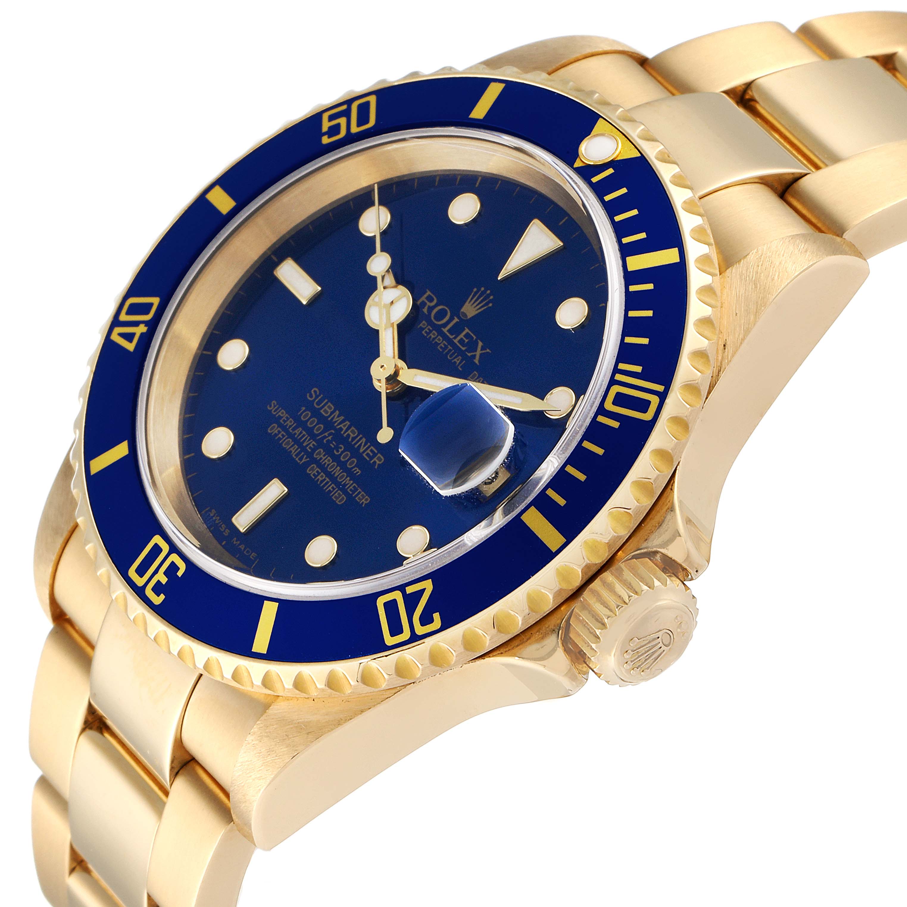 This image shows a side angle of a Rolex Submariner 16618 Men
s Yellow Gold Blue Dial 16618 Men
s Yellow Gold Blue Dial watch, highlighting the bezel, dial, and bracelet.