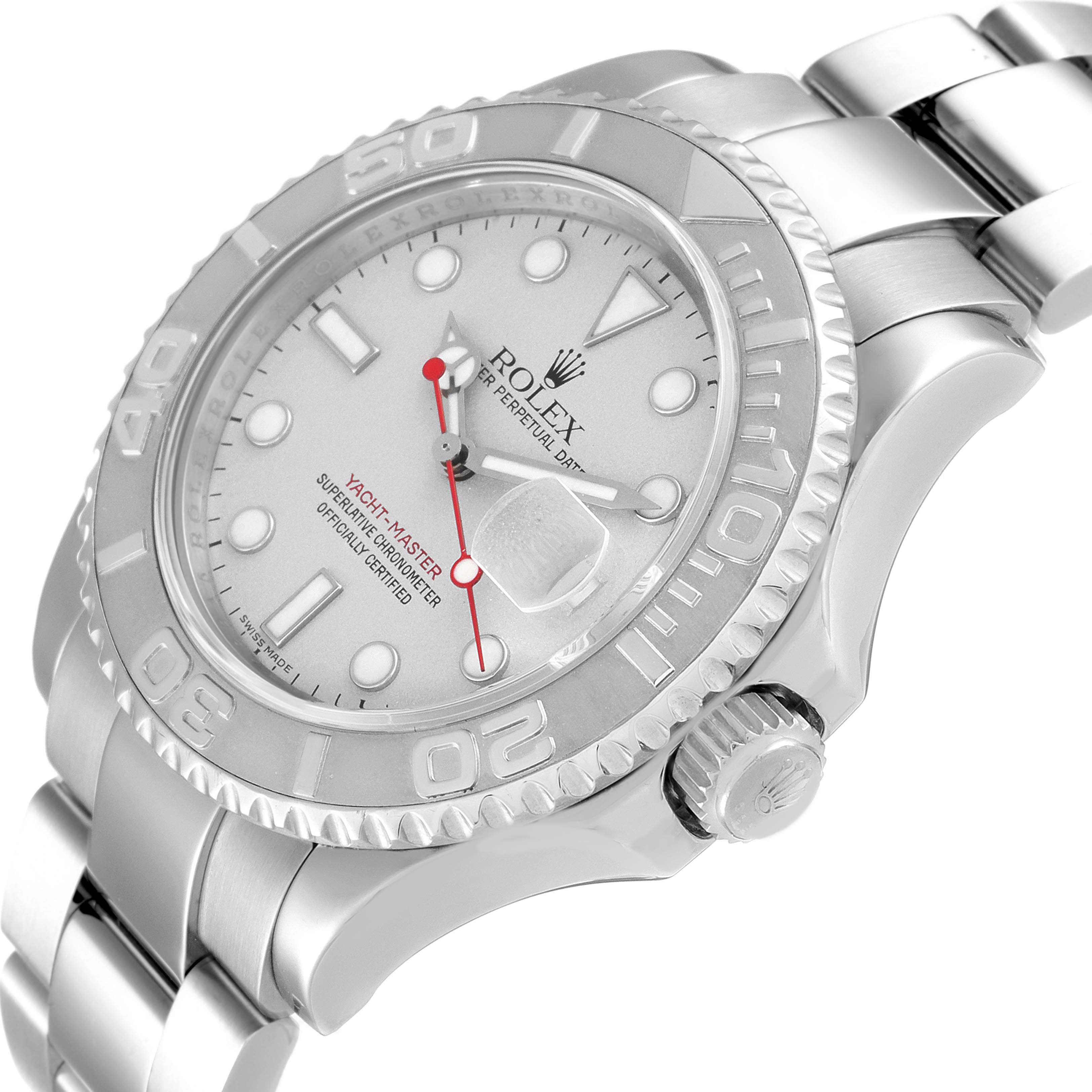 The image shows the front and part of the bracelet of a Rolex Yacht-Master 16622 Men
s Stainless Steel Silver Dial 16622 Men
s Stainless Steel Silver Dial watch.