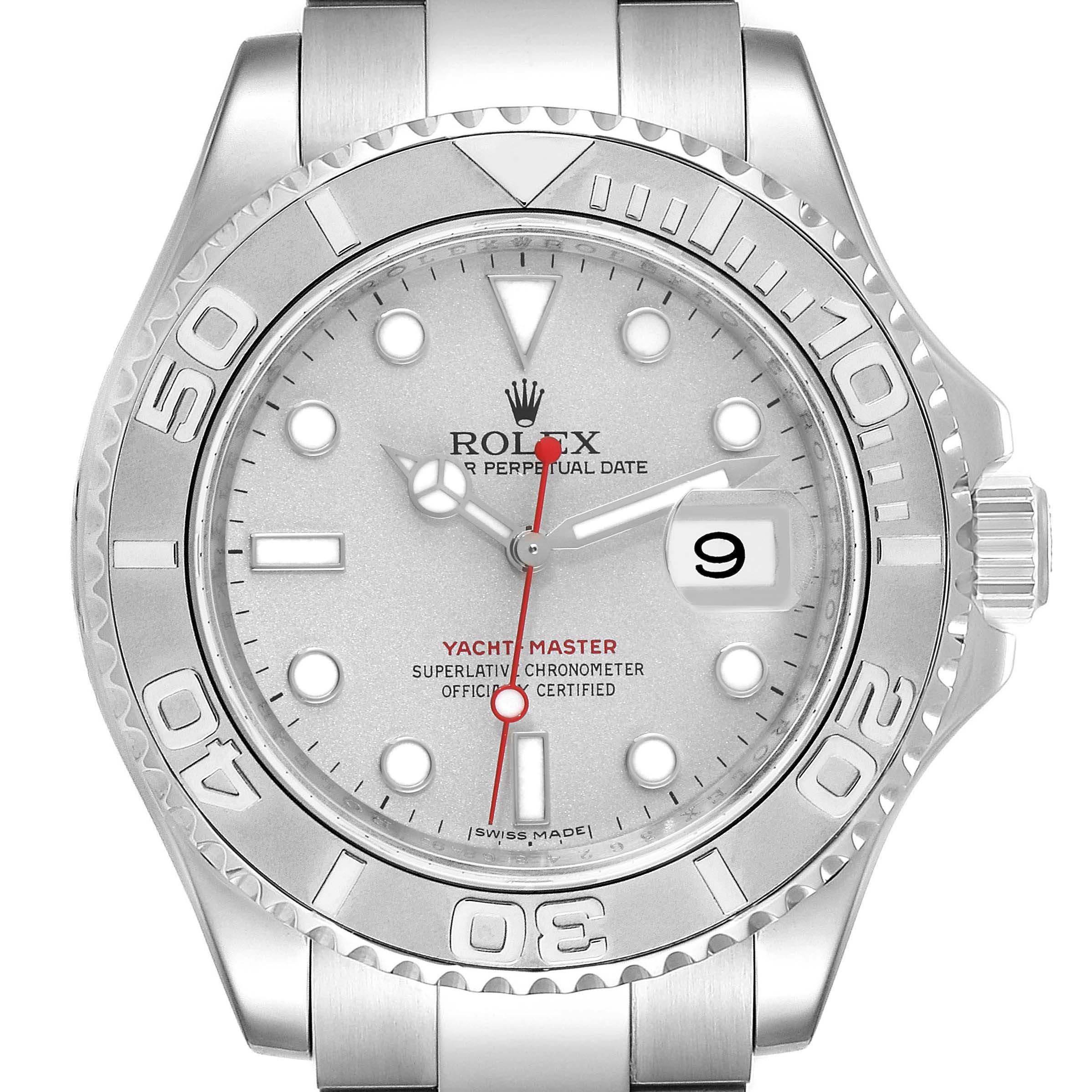 The image shows the face of the Rolex Yacht-Master 16622 Men
s Stainless Steel Silver Dial 16622 Men
s Stainless Steel Silver Dial watch, including the bezel, dial, hands, and date window.