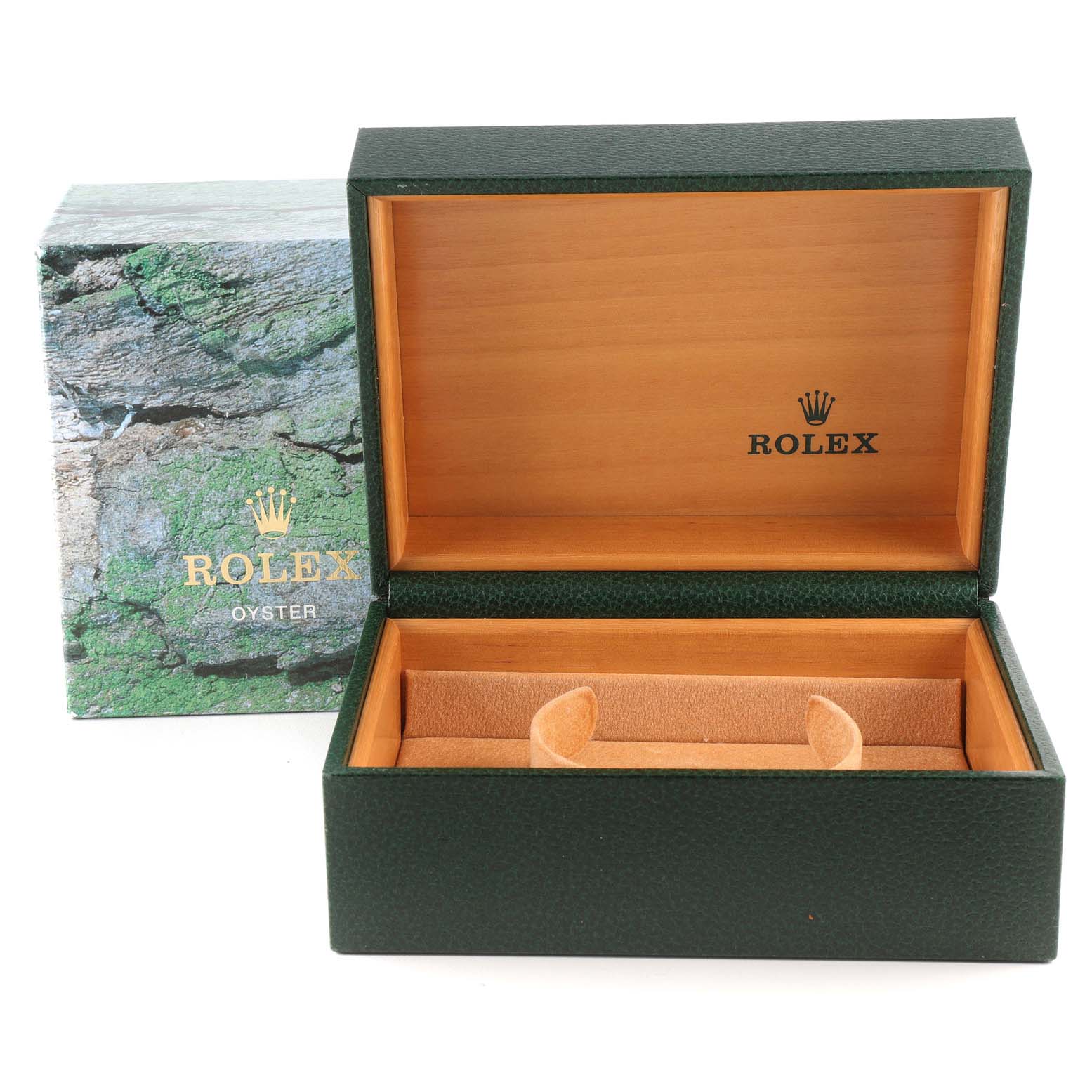 The image shows an open Rolex box, revealing its interior, likely for storing a Rolex Yacht-Master 16622 Men
s Stainless Steel Silver Dial 16622 Men
s Stainless Steel Silver Dial watch.