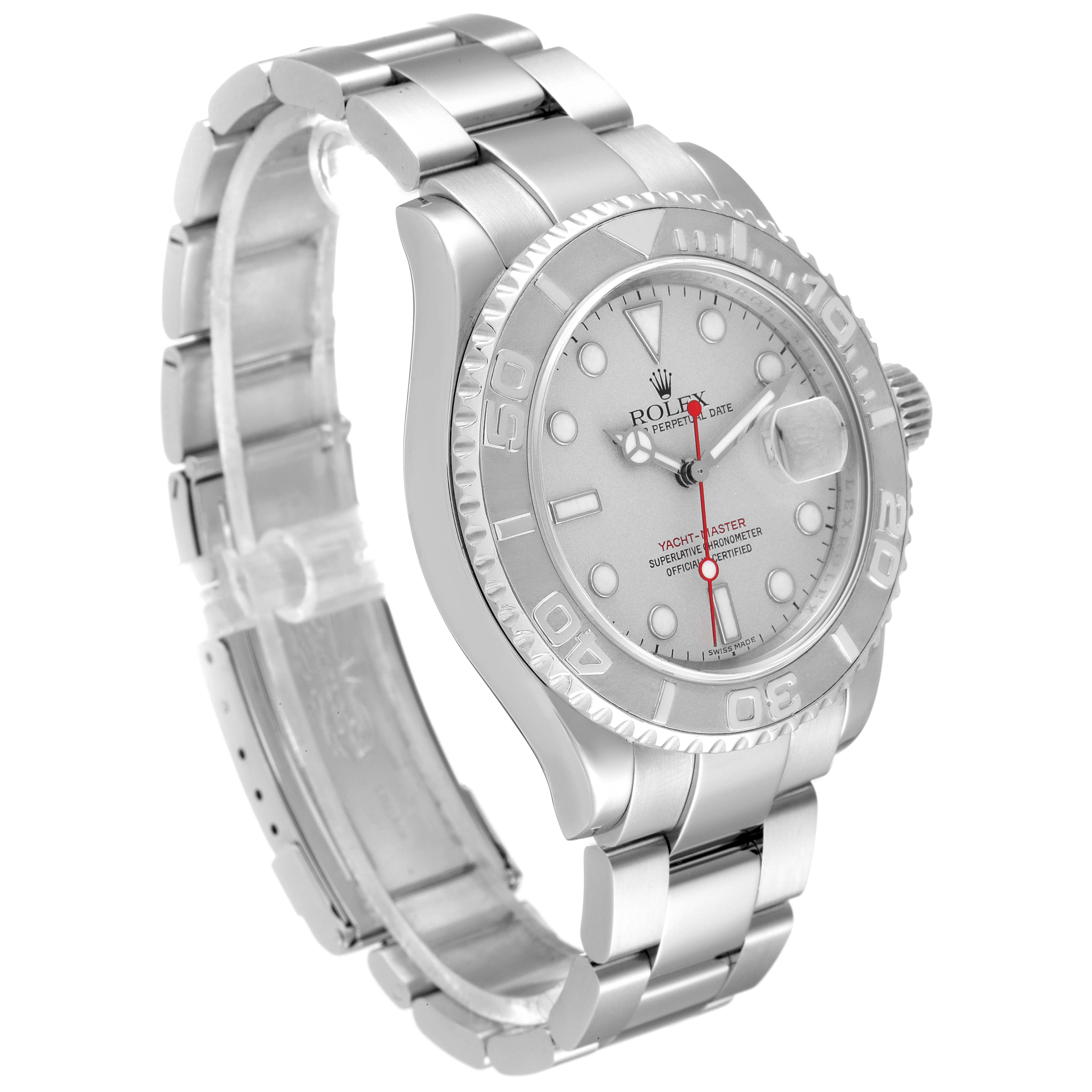 The image shows the Rolex Yacht-Master 16622 Men
s Stainless Steel Silver Dial 16622 Men
s Stainless Steel Silver Dial watch at a three-quarter angle, highlighting its bezel, dial, and bracelet.