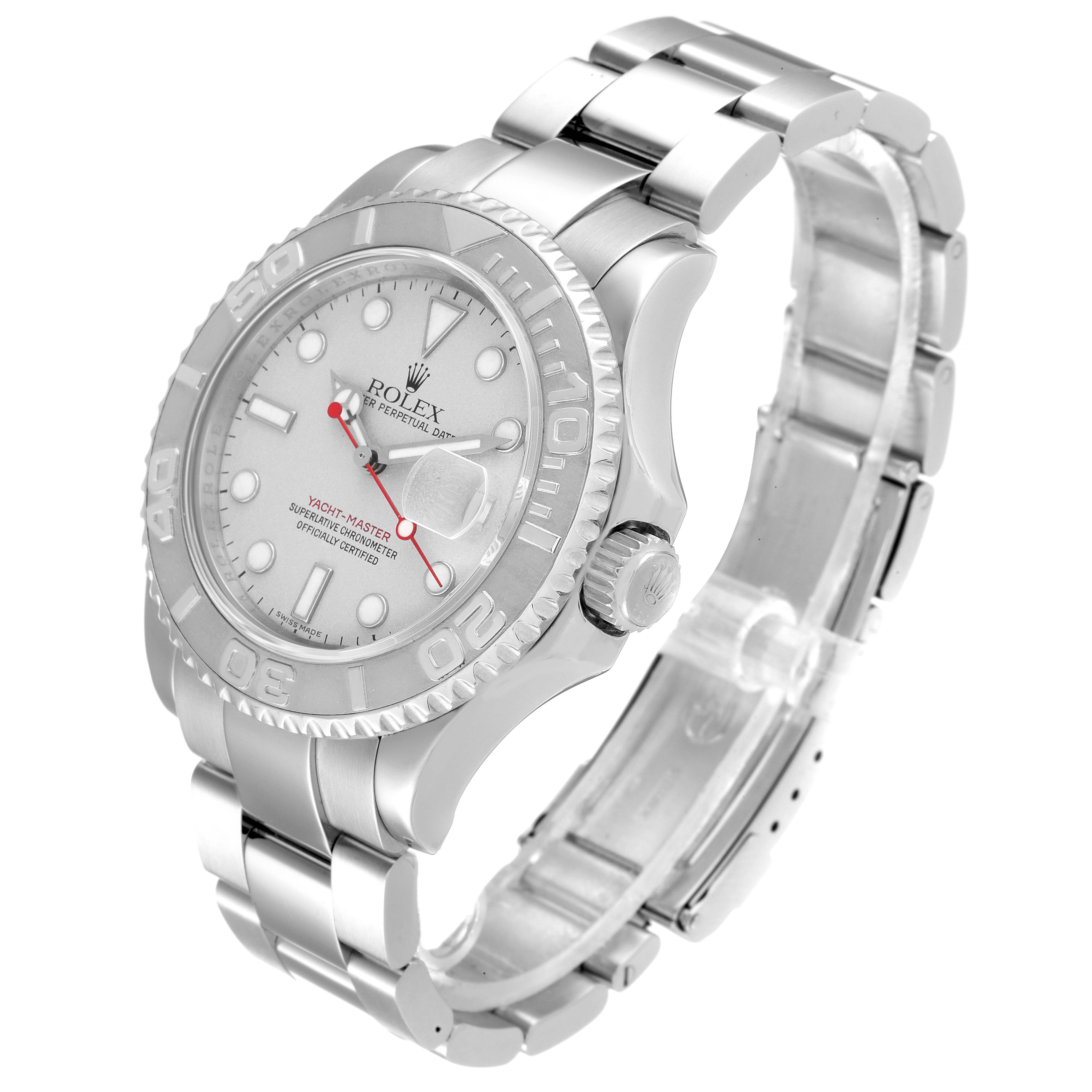 The Rolex Yacht-Master 16622 Men
s Stainless Steel Silver Dial 16622 Men
s Stainless Steel Silver Dial watch is shown at a three-quarter angle, displaying the face, bezel, crown, and metal bracelet.