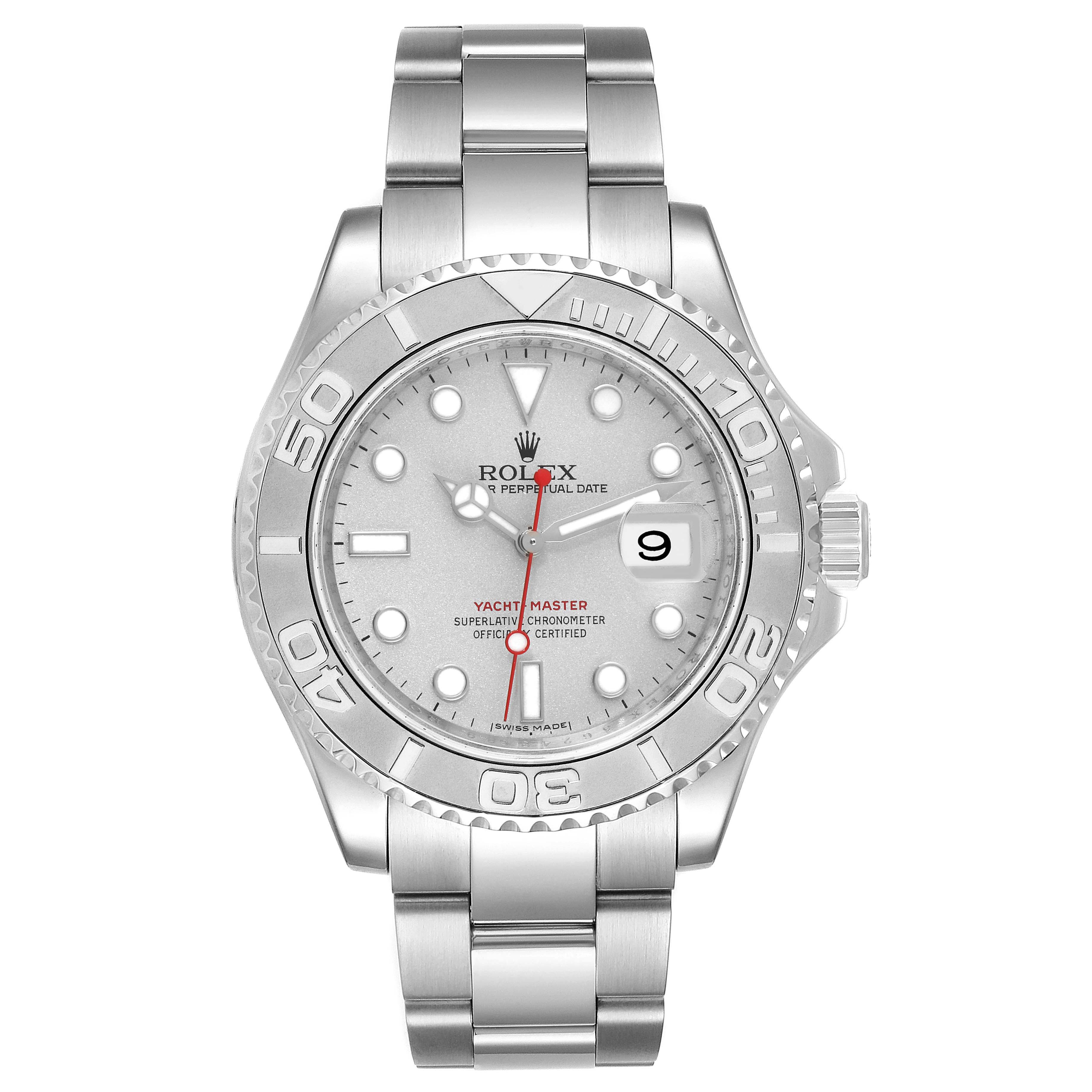 The image shows a front view of the Rolex Yacht-Master 16622 Men
s Stainless Steel Silver Dial 16622 Men
s Stainless Steel Silver Dial watch, focusing on the dial, bezel, and bracelet.