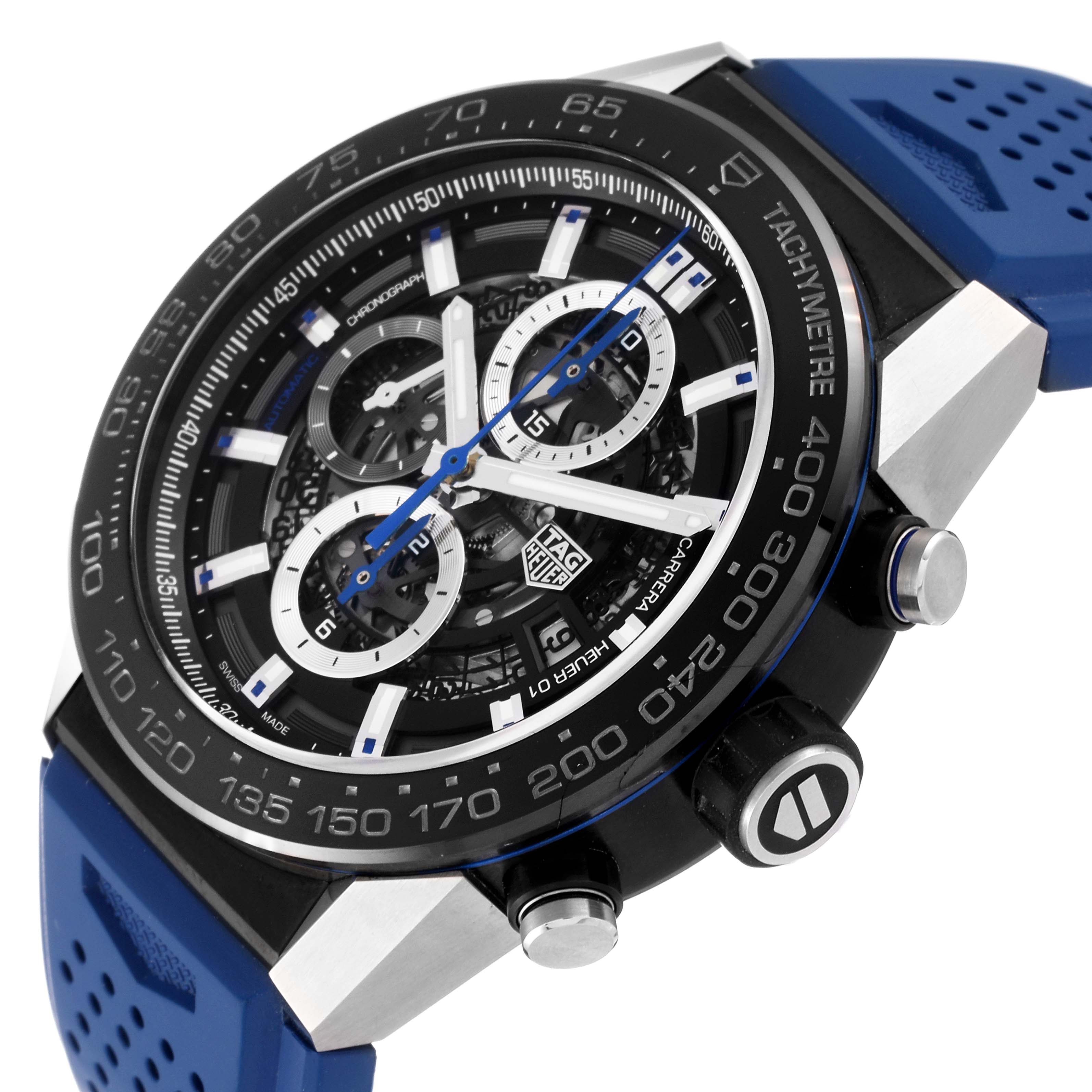 The image shows a close-up angled view of the Tag Heuer Carrera CAR2A1T.FT6052 Men's Stainless Steel Black Dial CAR2A1T.FT6052 Men's Stainless Steel Black Dial watch face, bezel, and part of the blue strap.