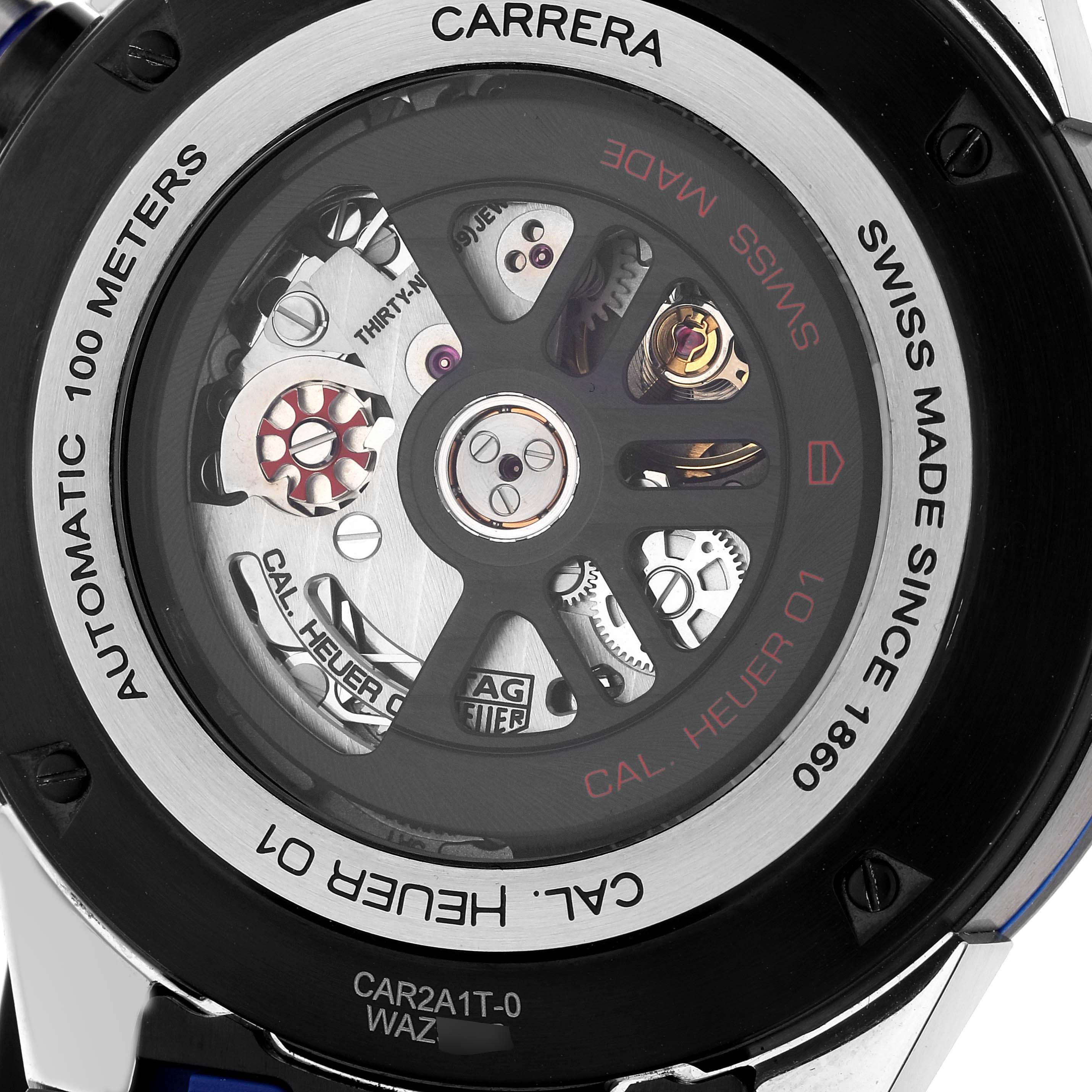 The image shows the back view of a Tag Heuer Carrera CAR2A1T.FT6052 Men's Stainless Steel Black Dial CAR2A1T.FT6052 Men's Stainless Steel Black Dial watch, highlighting its automatic movement and internal mechanics.