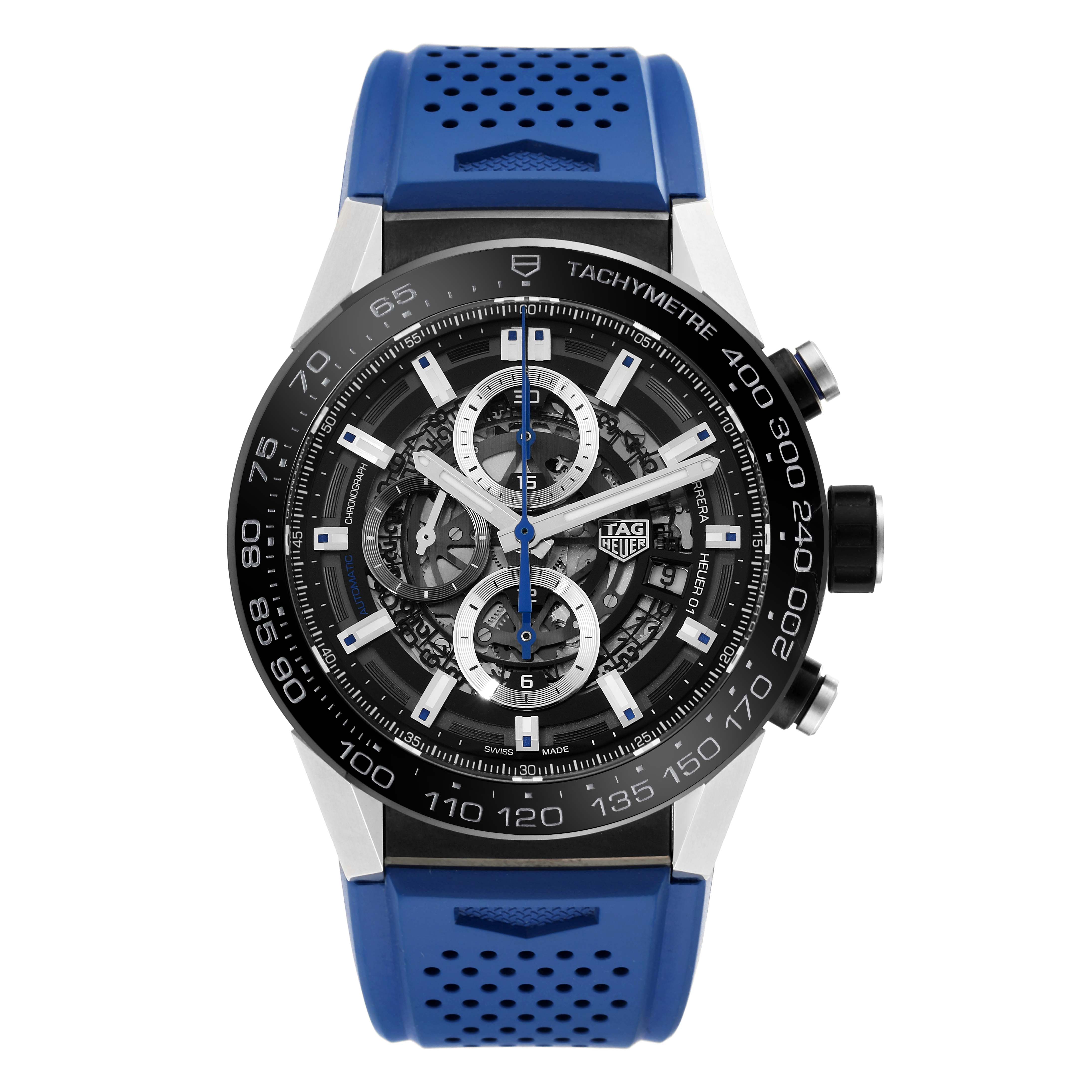 This image shows a front view of the Tag Heuer Carrera CAR2A1T.FT6052 Men's Stainless Steel Black Dial CAR2A1T.FT6052 Men's Stainless Steel Black Dial watch with a blue perforated rubber strap.