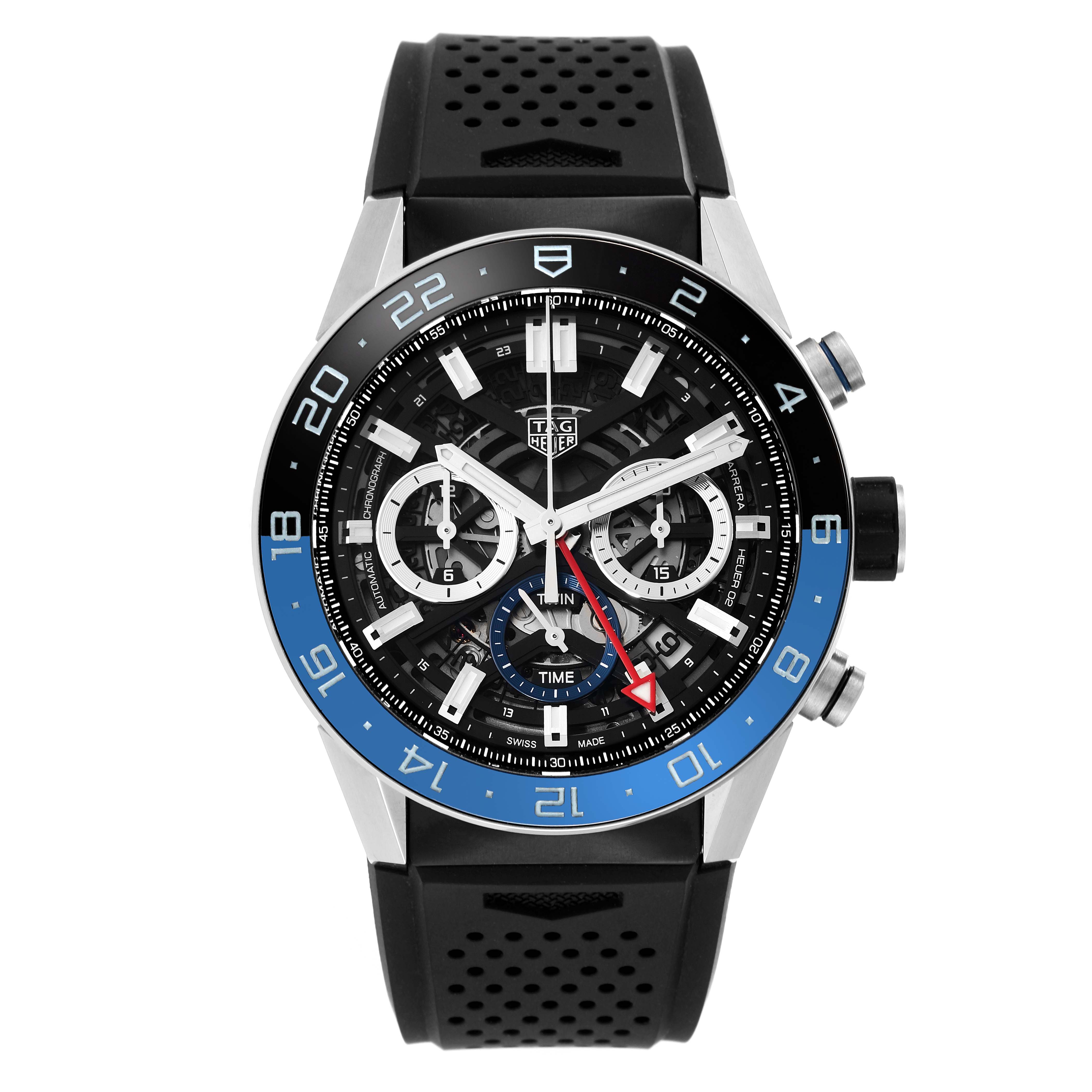 The image shows a frontal view of a Tag Heuer Carrera CBG2A1Z.BA0658 Men's Stainless Steel Black Dial CBG2A1Z.BA0658 Men's Stainless Steel Black Dial watch with a black and blue bezel and rubber strap.