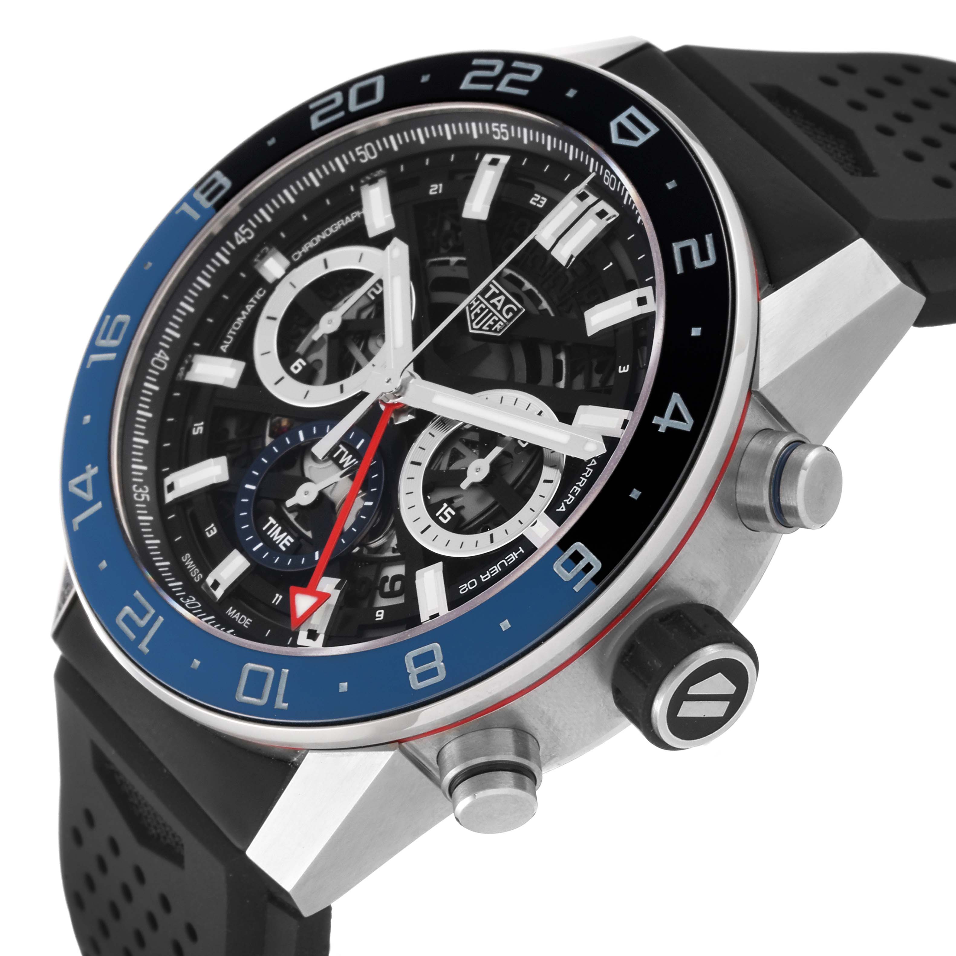 The image shows a Tag Heuer Carrera CBG2A1Z.BA0658 Men's Stainless Steel Black Dial CBG2A1Z.BA0658 Men's Stainless Steel Black Dial model watch from an angled side view, highlighting the dial, bezel, and crown.