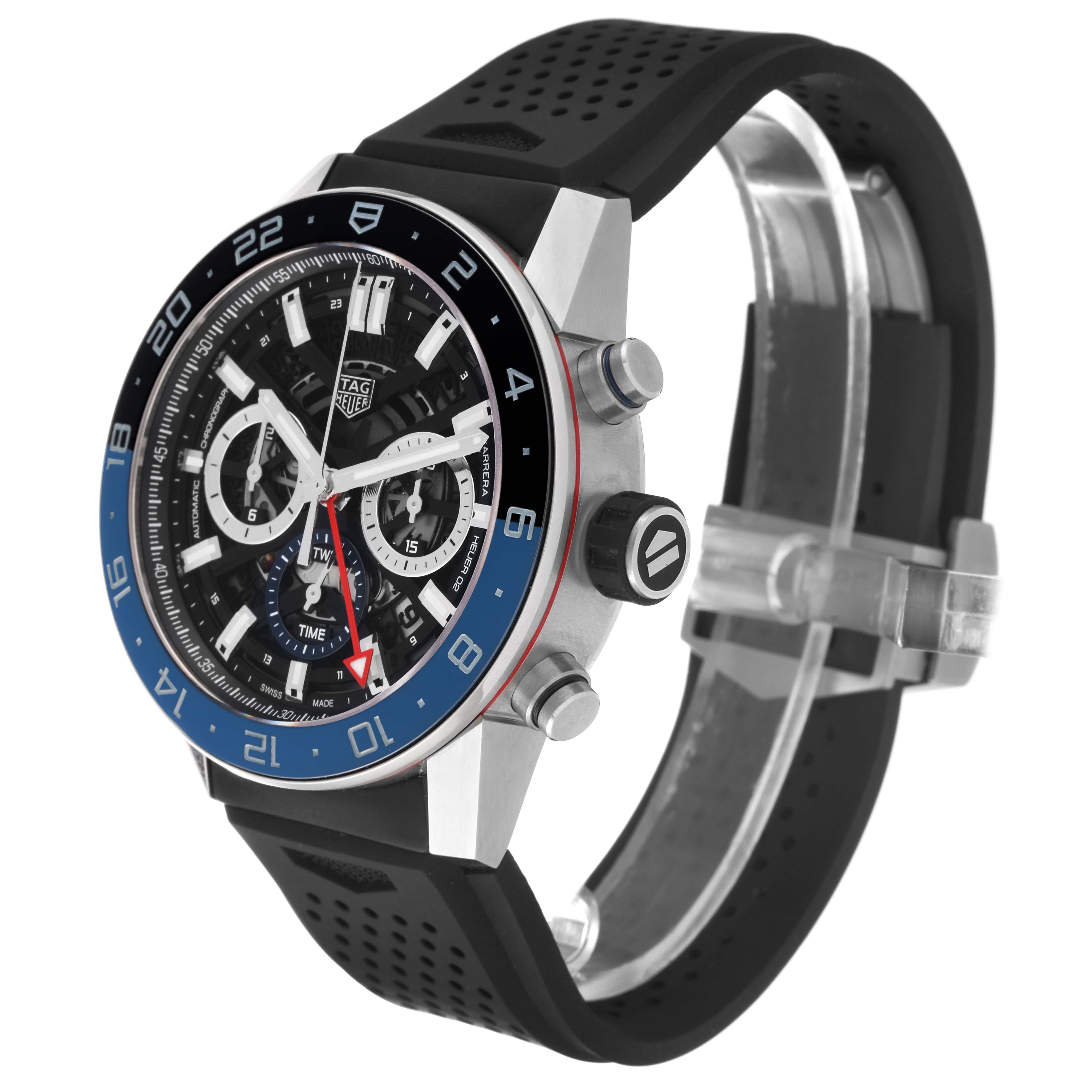 This image shows a Carrera model by Tag Heuer from an angled side view, highlighting the face, bezel, and strap.