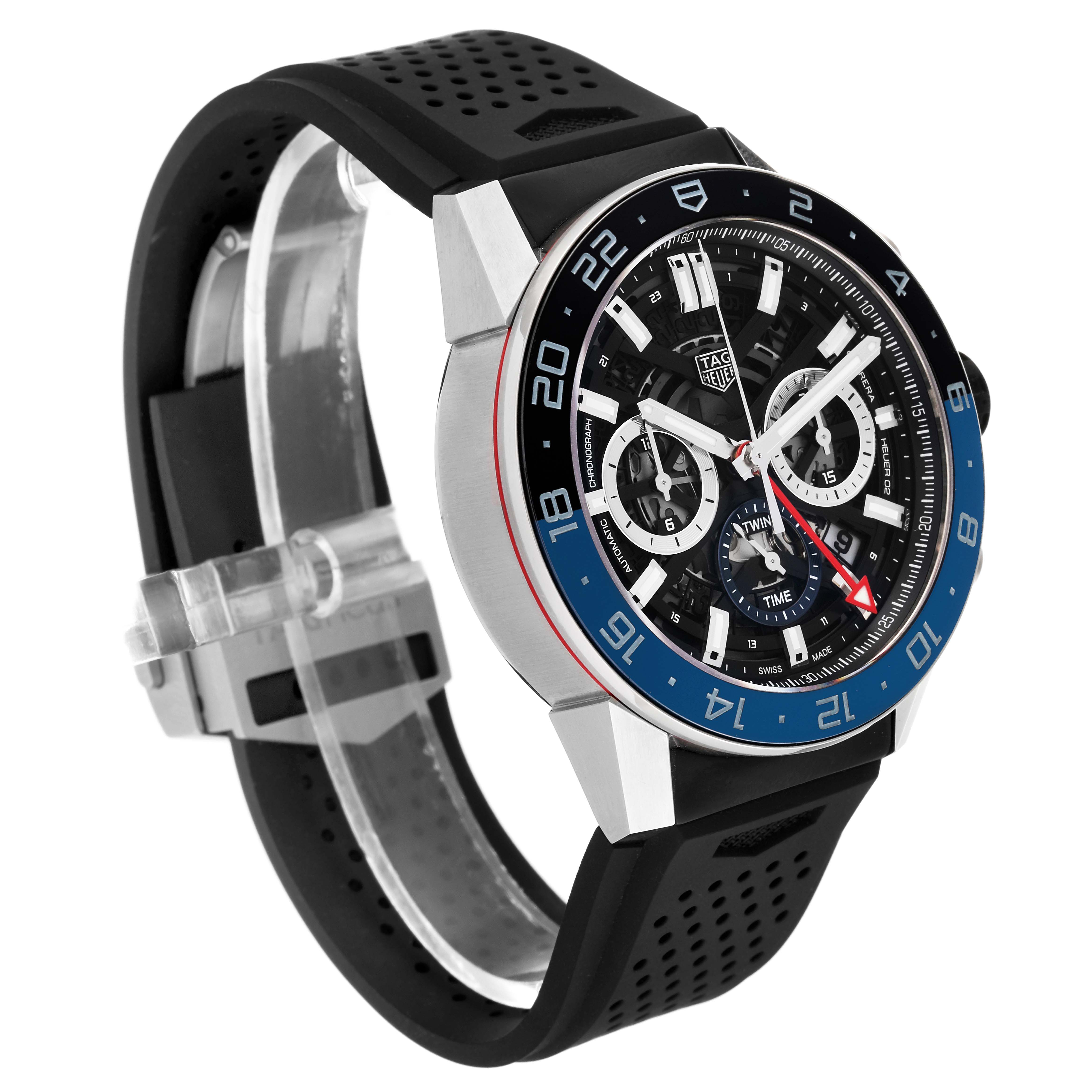 This image shows a side angle of the Tag Heuer Carrera CBG2A1Z.BA0658 Men's Stainless Steel Black Dial CBG2A1Z.BA0658 Men's Stainless Steel Black Dial watch, highlighting the dial, bezel, and strap.