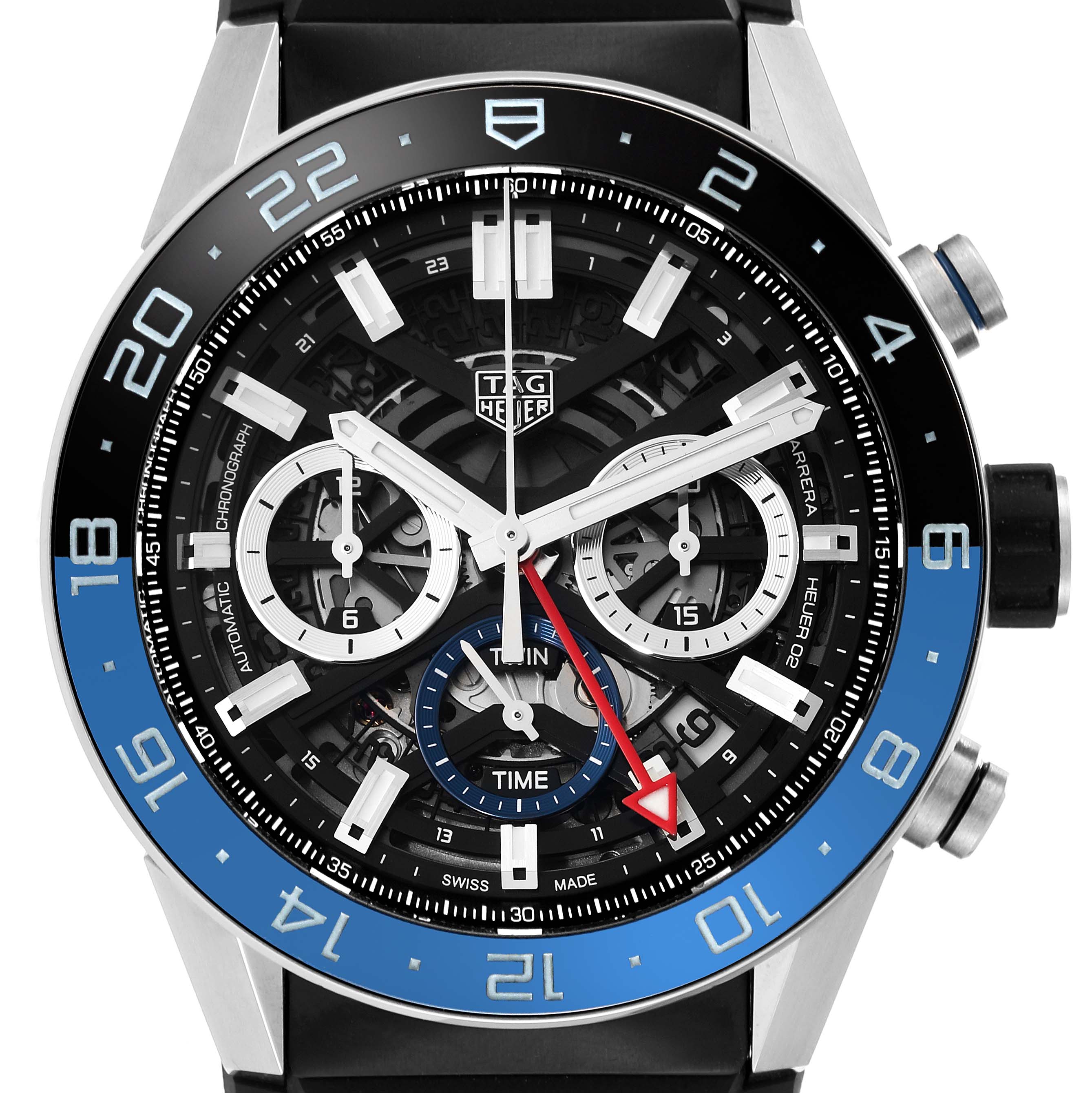 This image shows the face of a Tag Heuer Carrera CBG2A1Z.BA0658 Men's Stainless Steel Black Dial CBG2A1Z.BA0658 Men's Stainless Steel Black Dial model watch from a head-on angle, highlighting its chronograph features and blue-accented bezel.