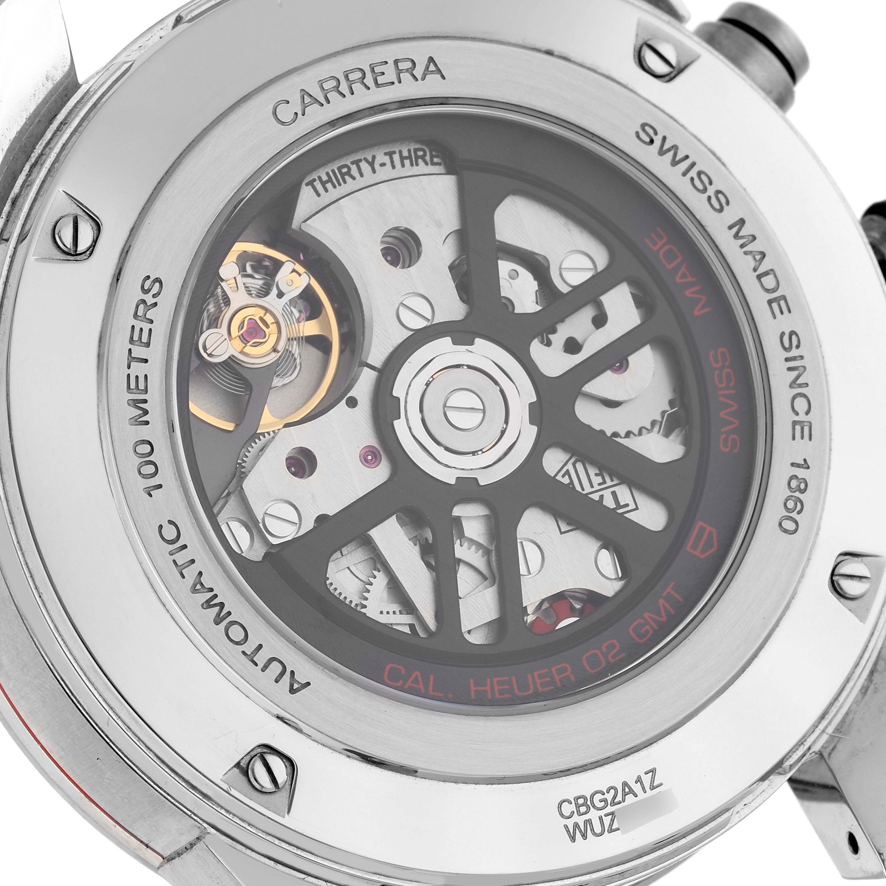 The image shows the back of a Tag Heuer Carrera CBG2A1Z.BA0658 Men's Stainless Steel Black Dial CBG2A1Z.BA0658 Men's Stainless Steel Black Dial watch, displaying the automatic movement and inscriptions.