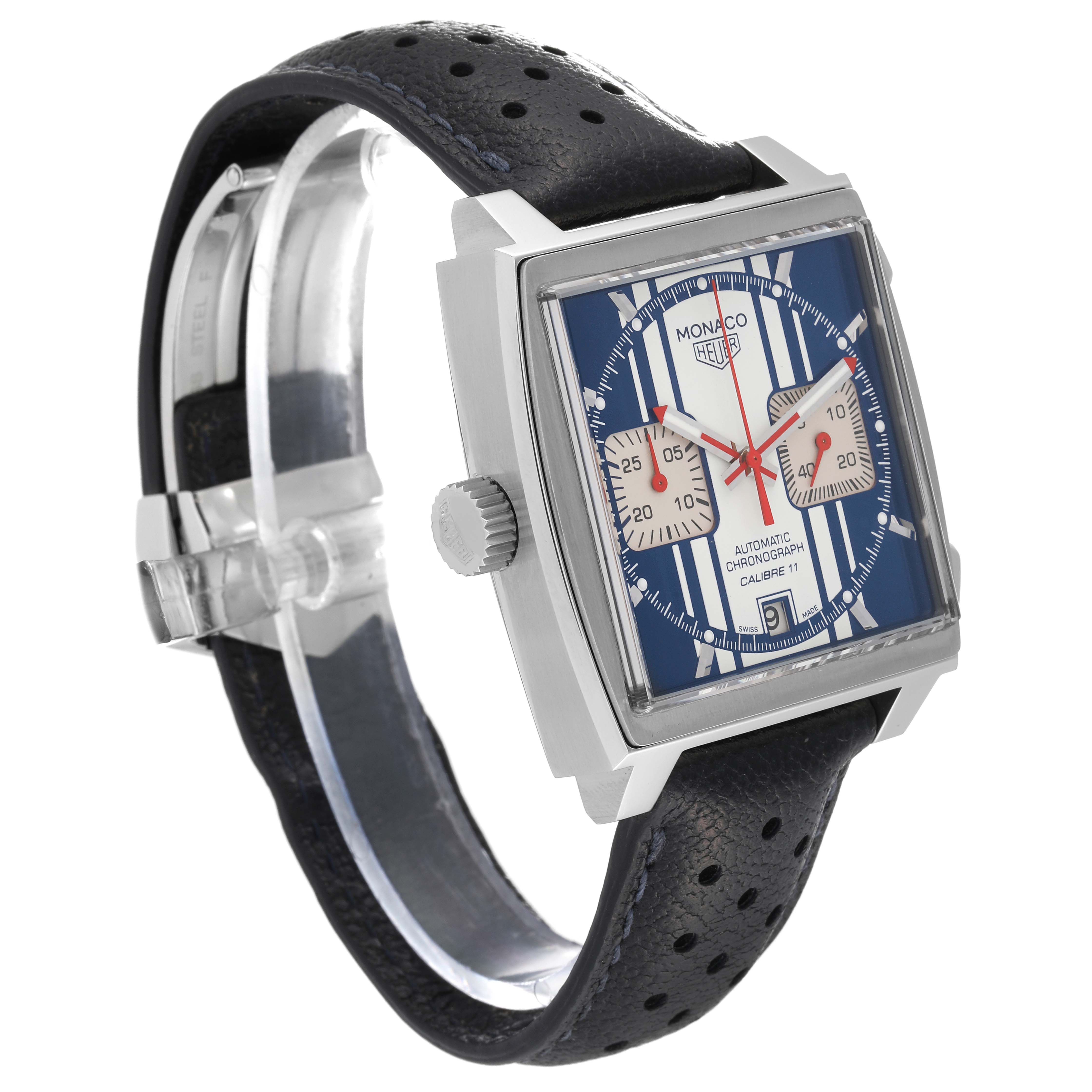 The image shows a three-quarter view of the Tag Heuer Monaco Limited Edition watch, highlighting the face, case, and strap.
