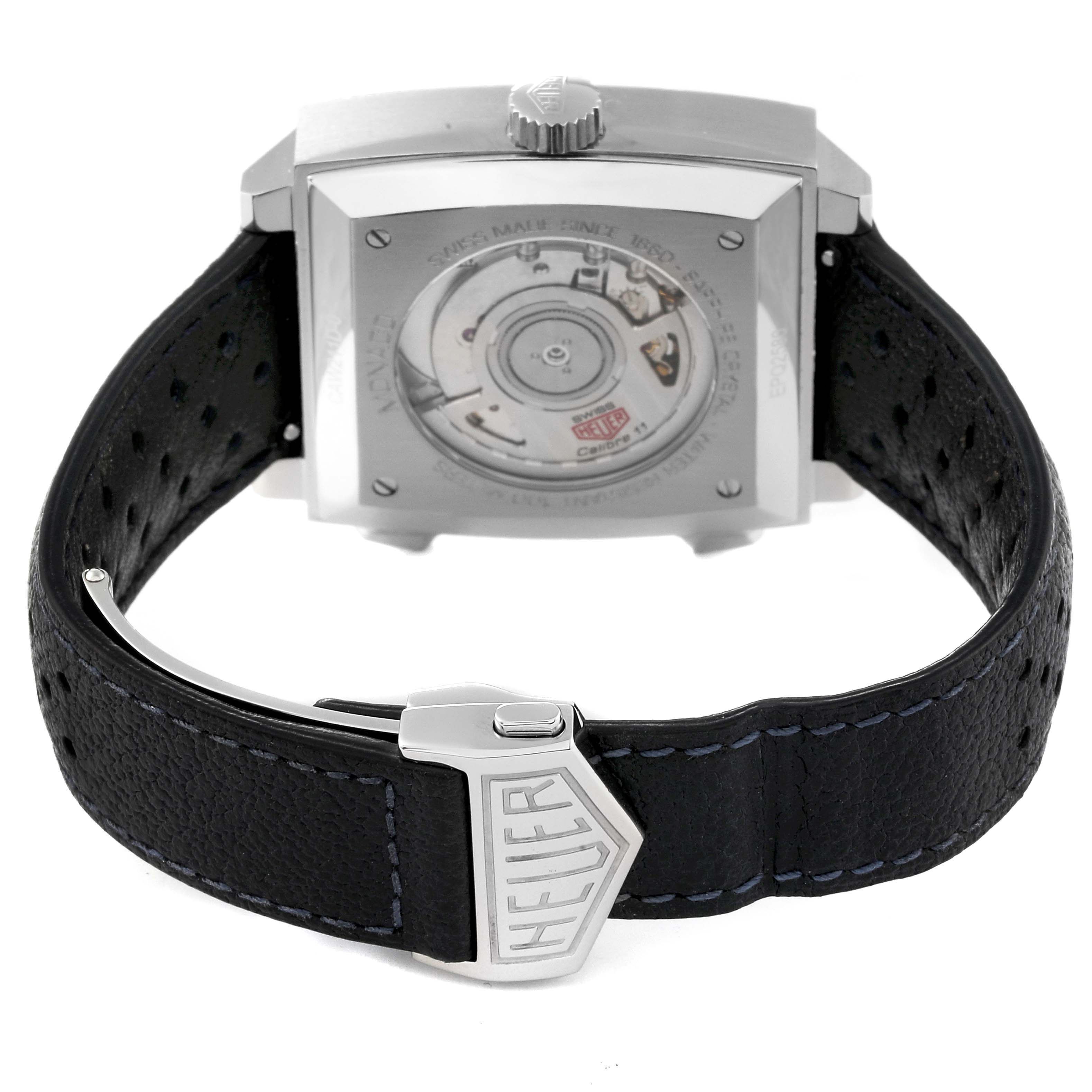 This image shows the back view of the Tag Heuer Limited Edition CAW211D Men
s Stainless Steel Blue Dial CAW211D Men
s Stainless Steel Blue Dial watch, highlighting the case back, movement, and leather strap with a Heuer buckle.