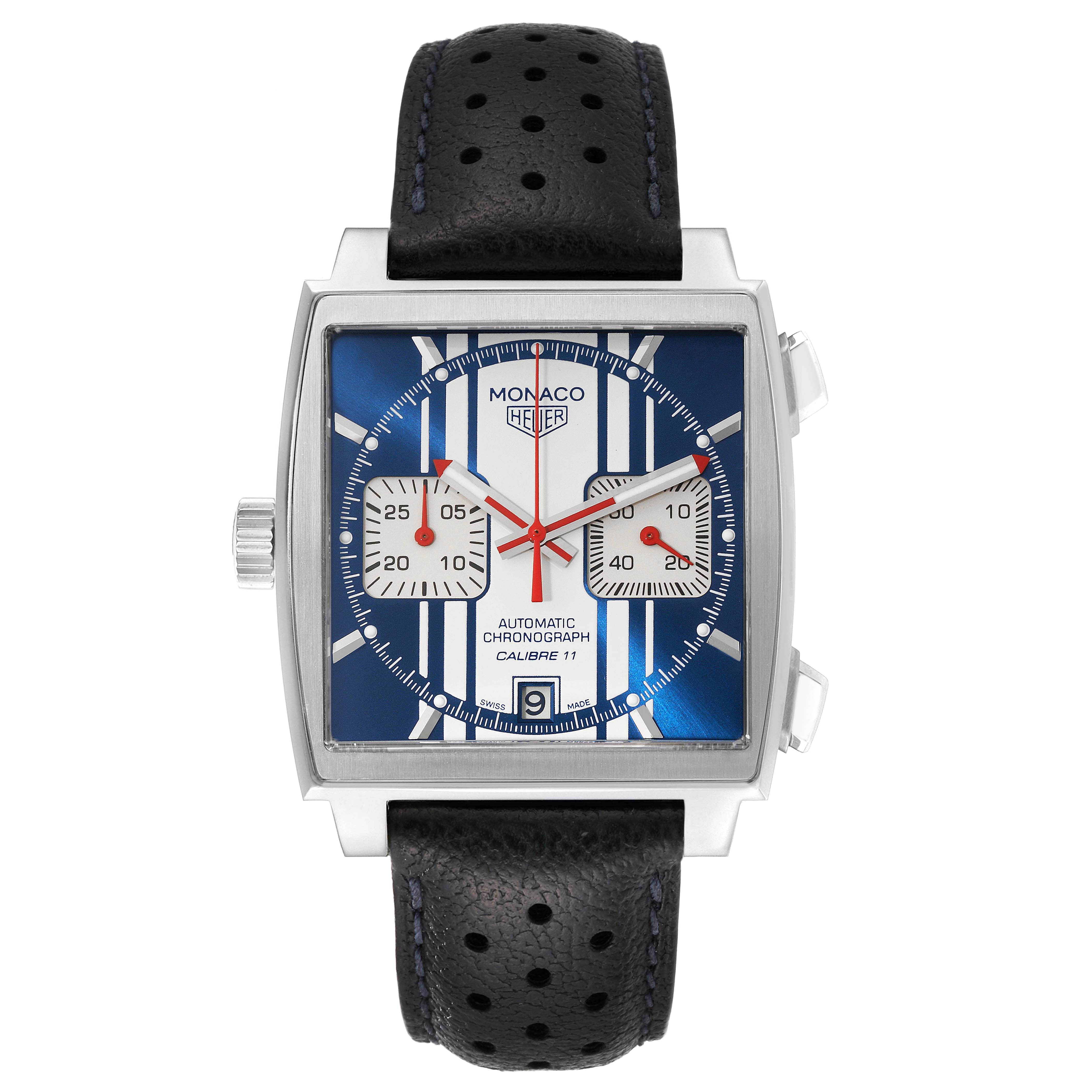 This is a front view of the Tag Heuer Monaco Limited Edition watch displaying its dial, case, and strap.