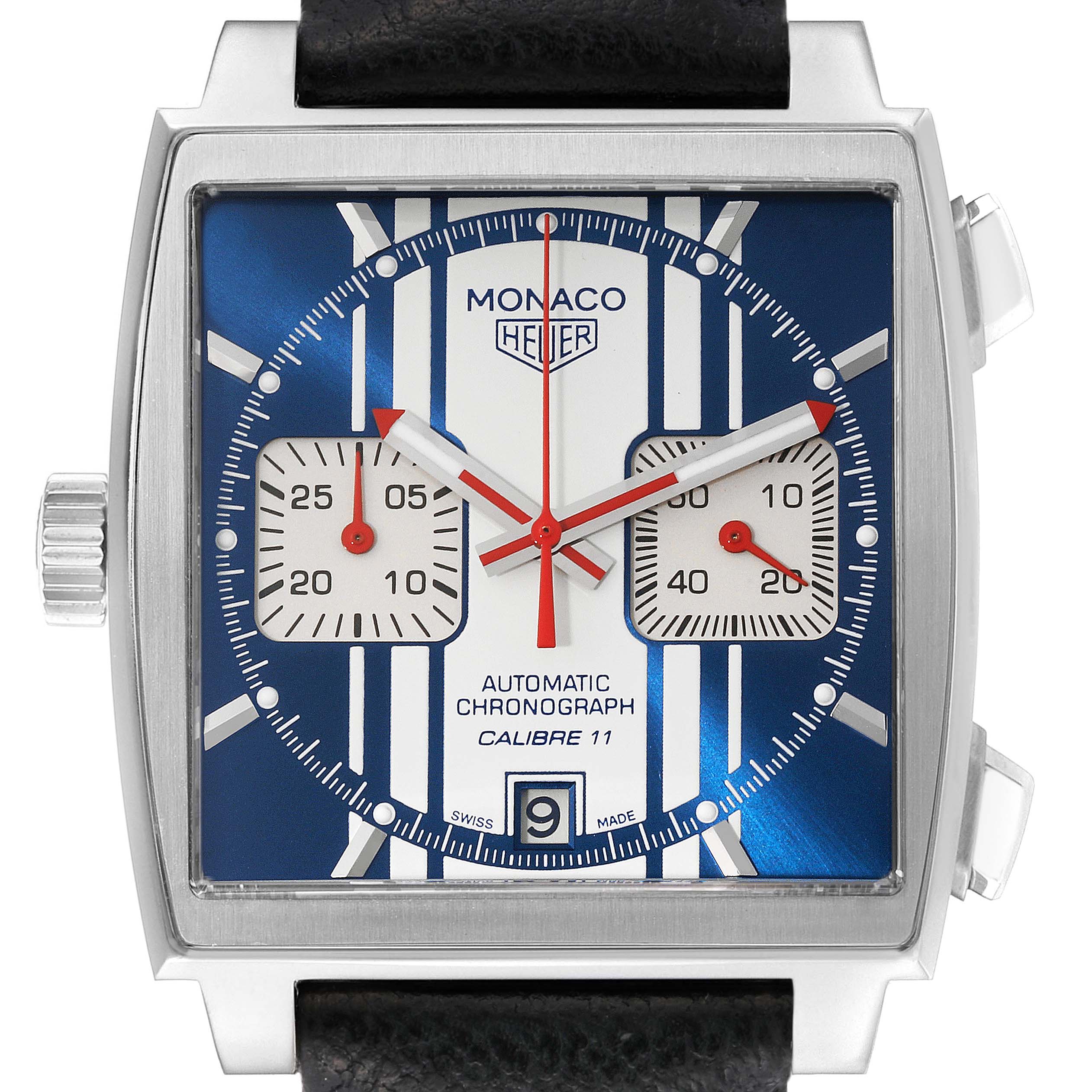 This is a front view of the Limited Edition Tag Heuer Monaco watch, displaying its face, dials, and date window.