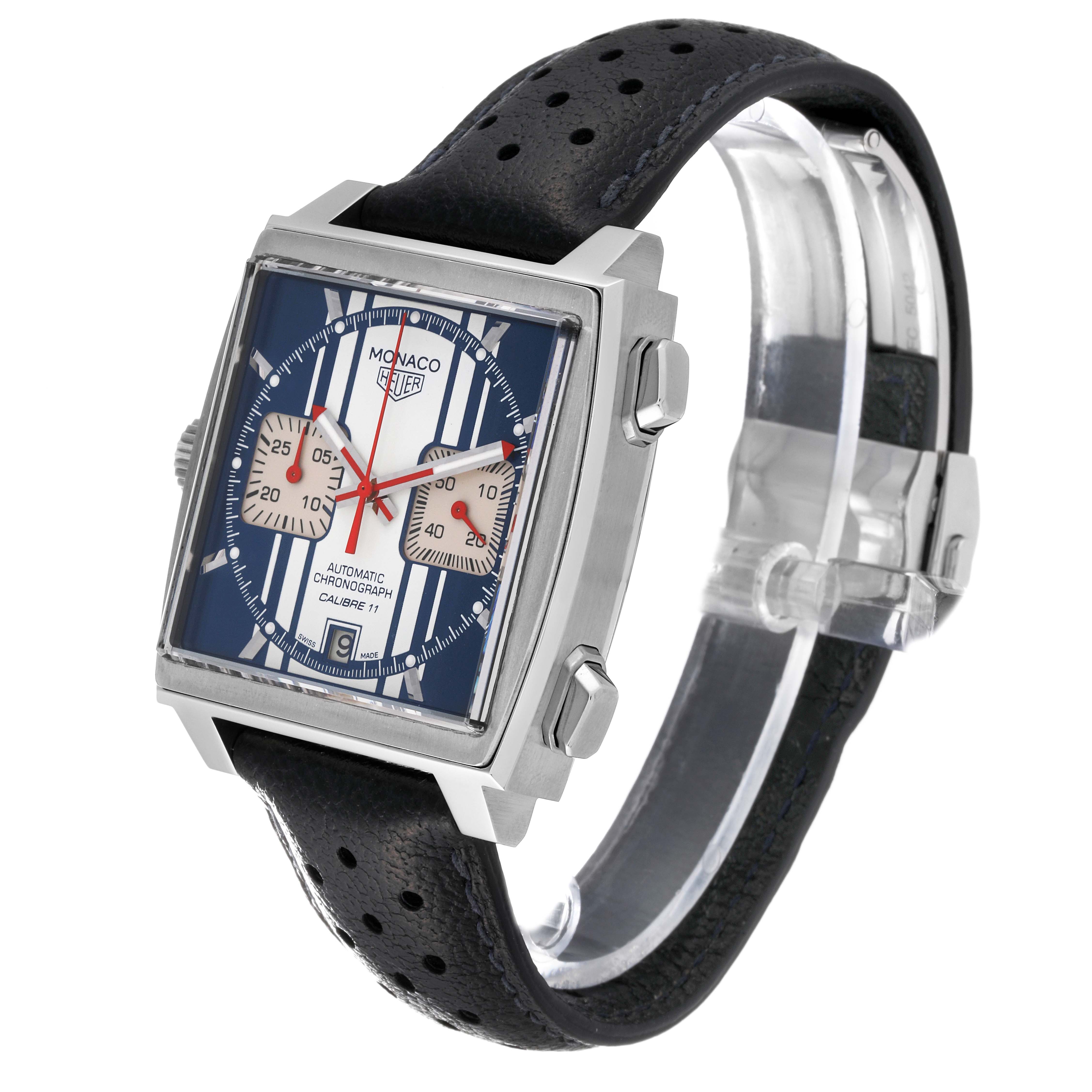 The image shows a side angle view of the Tag Heuer Monaco Limited Edition watch, highlighting its dial, case, and strap.