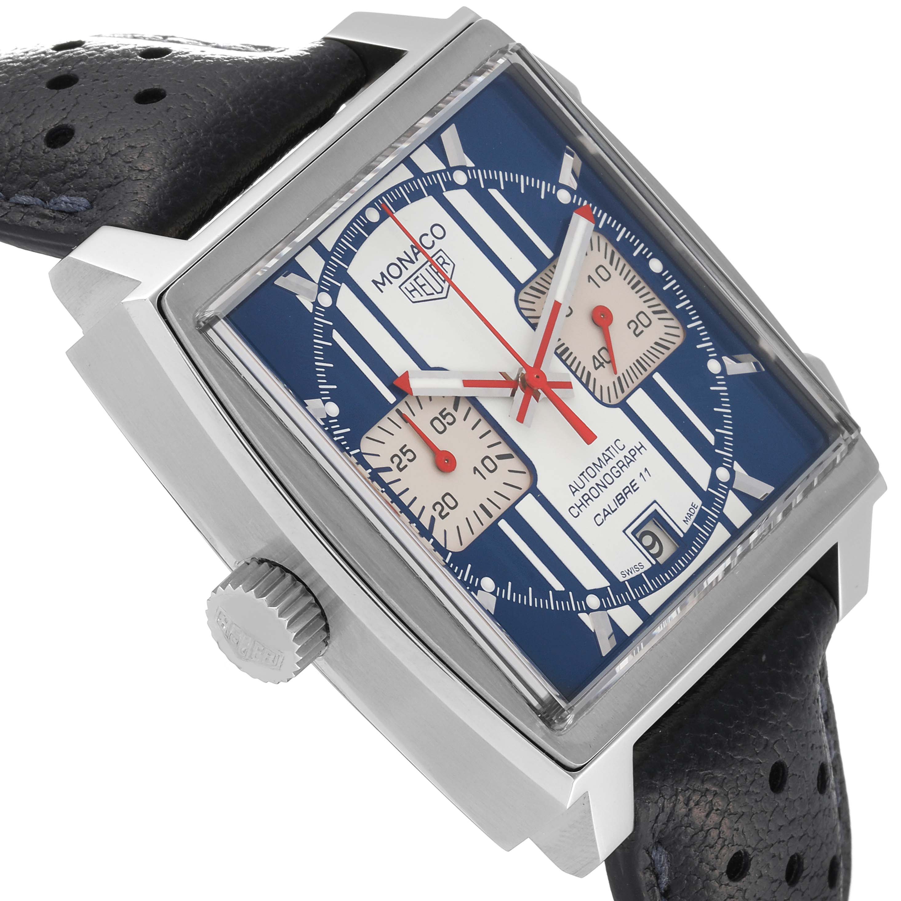 The image shows a Tag Heuer Monaco Limited Edition watch from an angled side view, highlighting its square face, dial, crown, and strap.