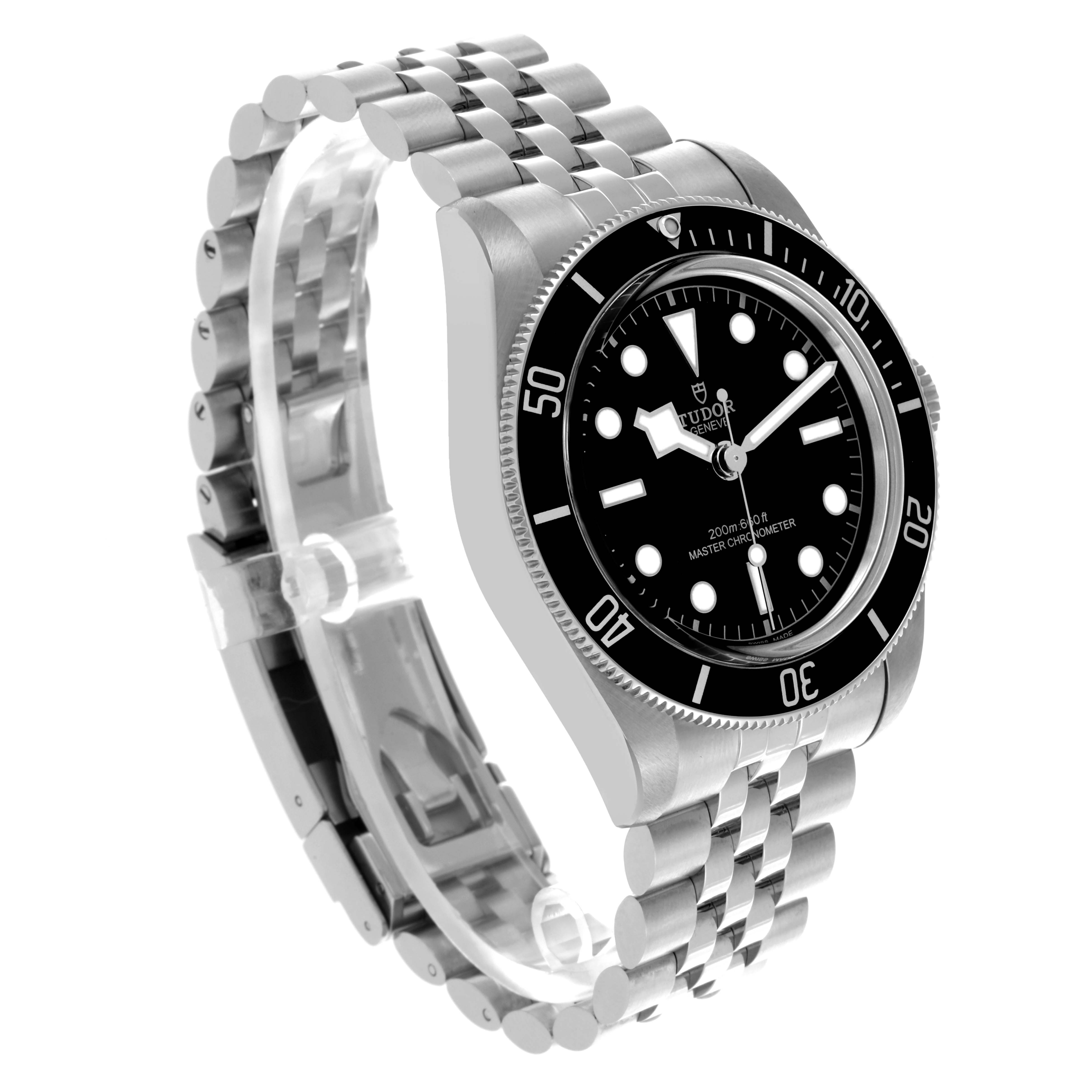 The Tudor Heritage Black Bay 7941A1A0NU Men's Stainless Steel Black Dial 7941A1A0NU Men's Stainless Steel Black Dial watch is shown at an oblique angle, highlighting the dial, bezel, and bracelet.