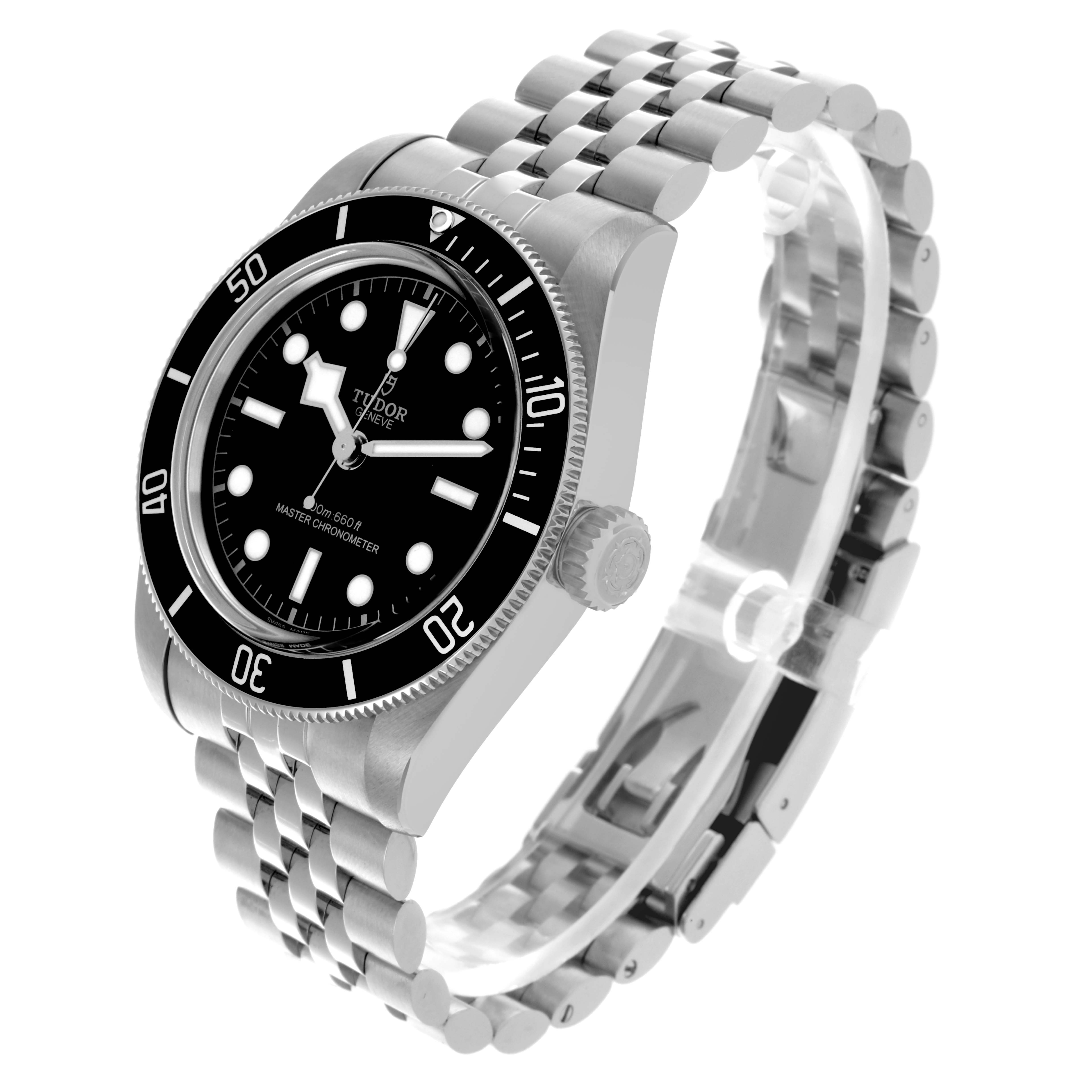 The Tudor Heritage Black Bay 7941A1A0NU Men's Stainless Steel Black Dial 7941A1A0NU Men's Stainless Steel Black Dial watch is shown at a three-quarter angle, highlighting the face, bezel, crown, and bracelet.