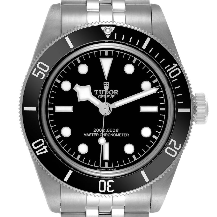 The Tudor Heritage Black Bay watch is shown from the front, displaying its dial, bezel, and part of the bracelet.