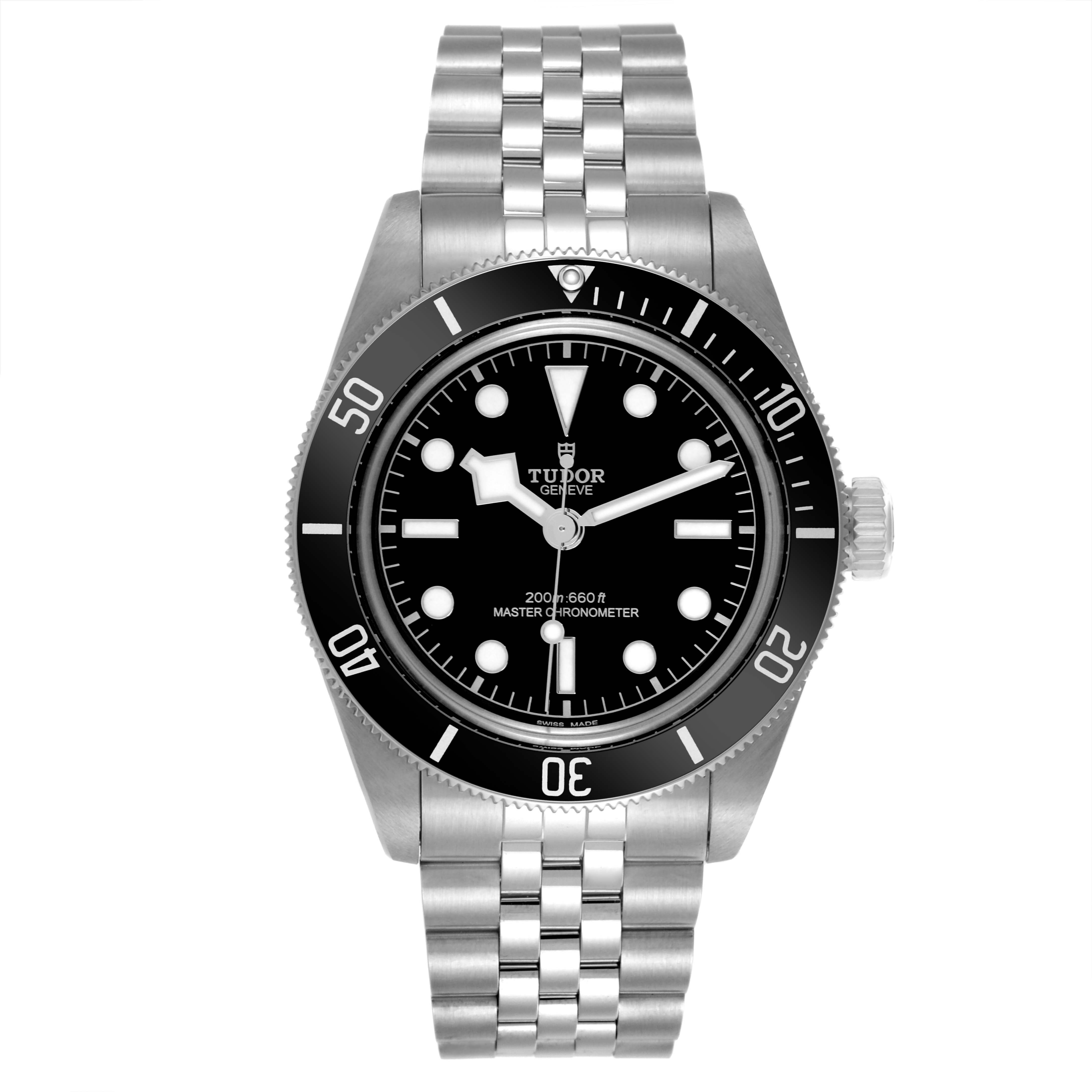 The Tudor Heritage Black Bay 7941A1A0NU Men's Stainless Steel Black Dial 7941A1A0NU Men's Stainless Steel Black Dial watch is shown from a front angle, displaying the face, bezel, crown, and bracelet.