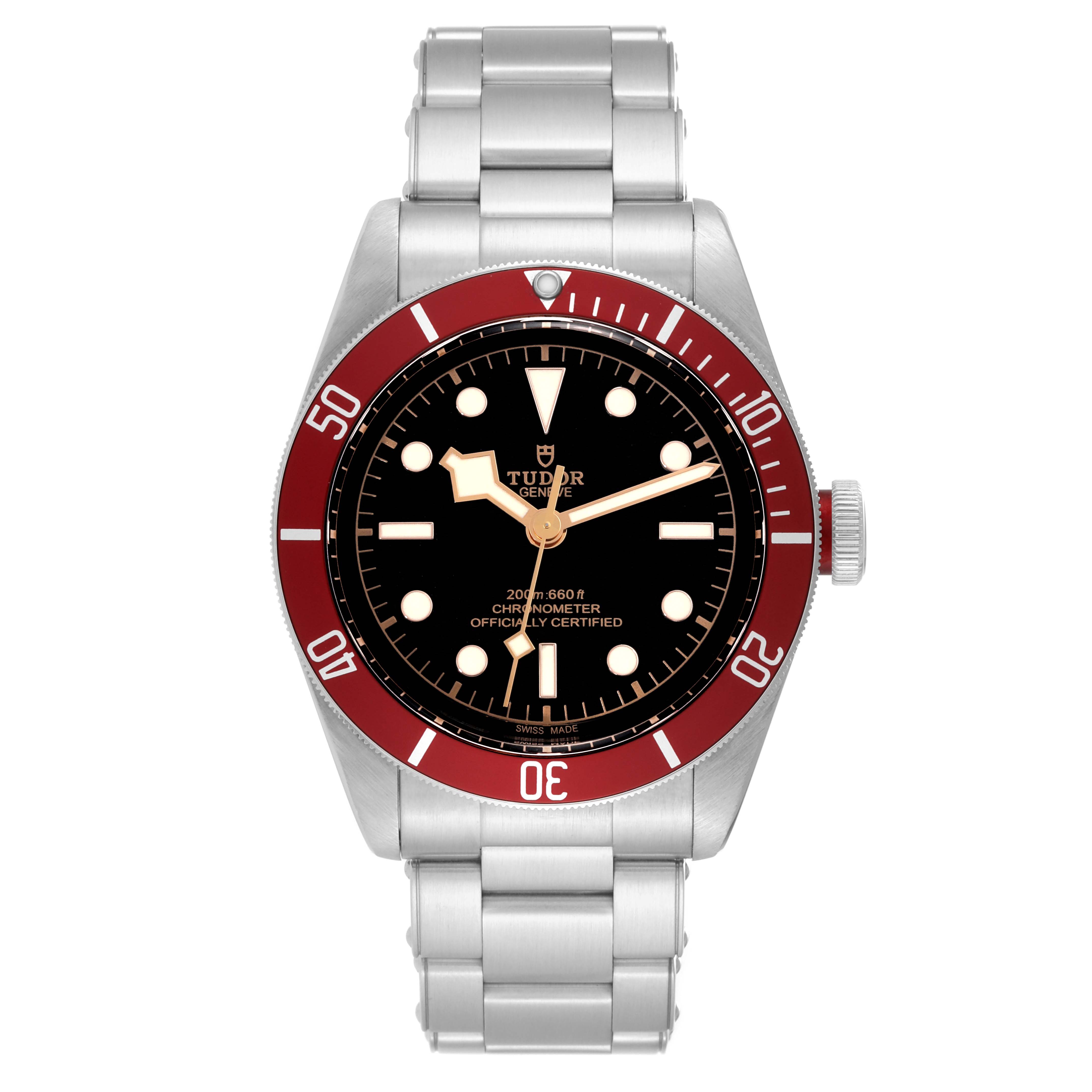 The image shows a front view of a Tudor Heritage Black Bay 79230R Men
s Stainless Steel Black Dial 79230R Men
s Stainless Steel Black Dial watch with a red bezel and stainless steel bracelet.