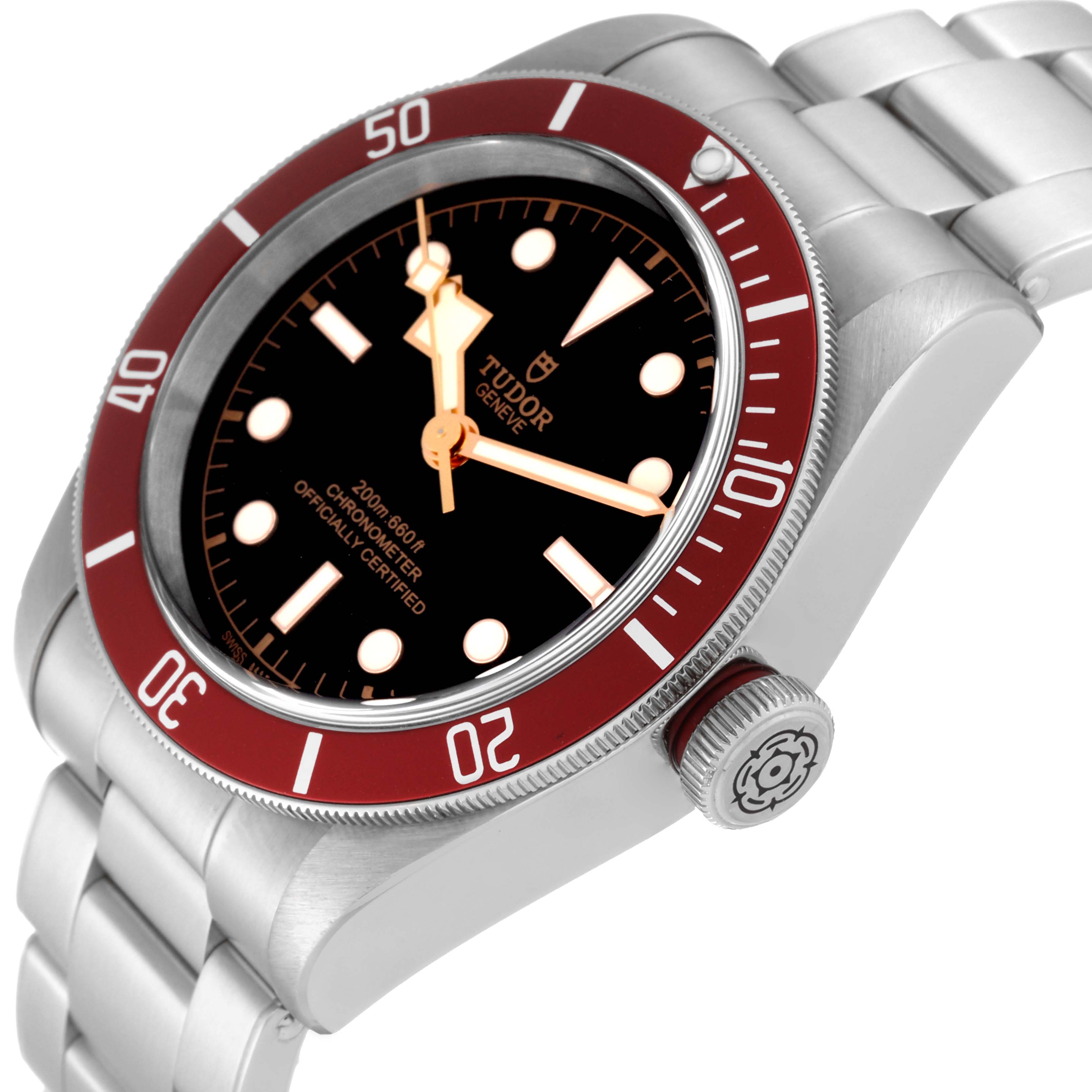 The image shows a Tudor Heritage Black Bay 79230R Men
s Stainless Steel Black Dial 79230R Men
s Stainless Steel Black Dial watch from an oblique front angle, highlighting its bezel, dial, crown, and bracelet.