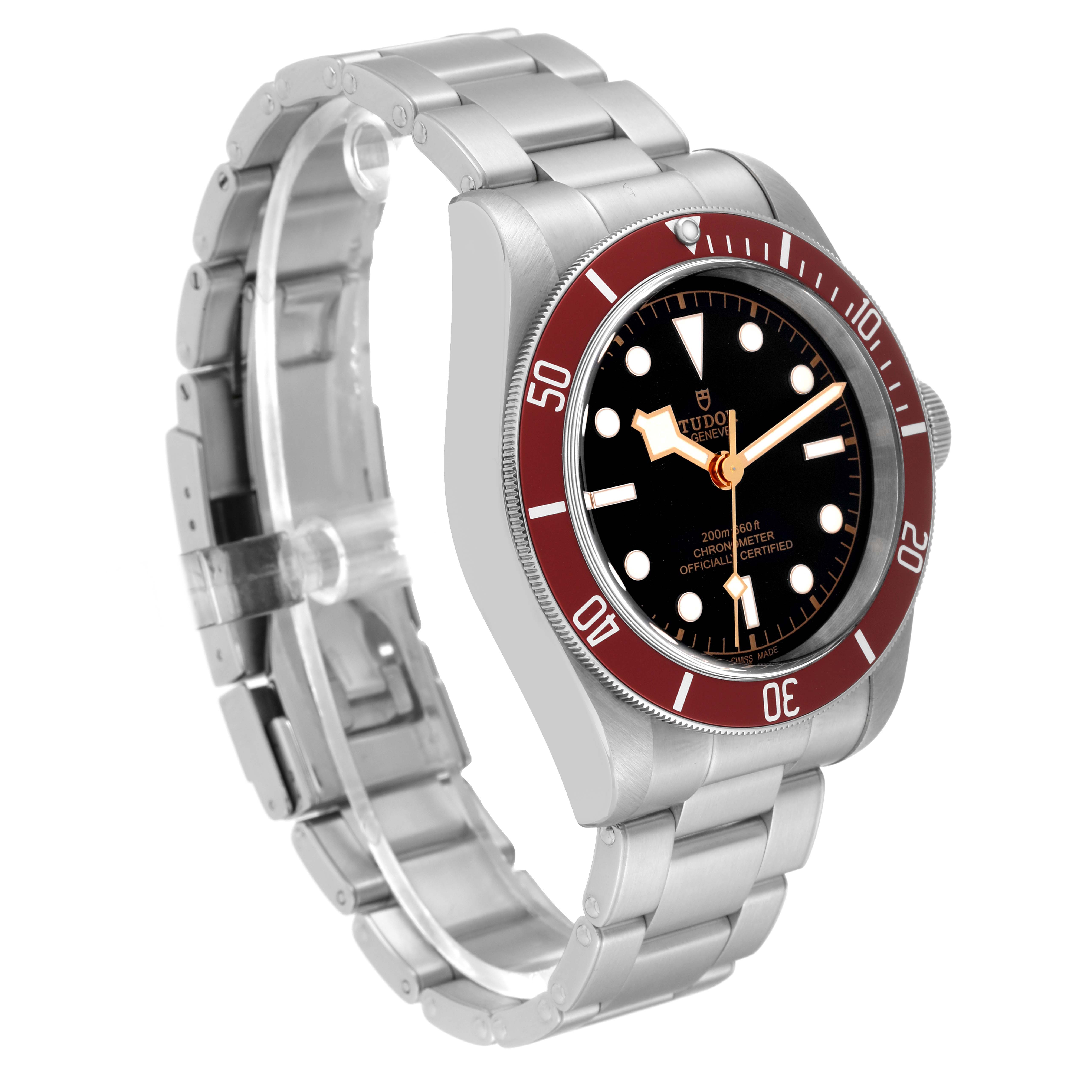 This image shows a side-mounted angle view of the Tudor Heritage Black Bay 79230R Men
s Stainless Steel Black Dial 79230R Men
s Stainless Steel Black Dial watch, highlighting the dial, bezel, and bracelet.