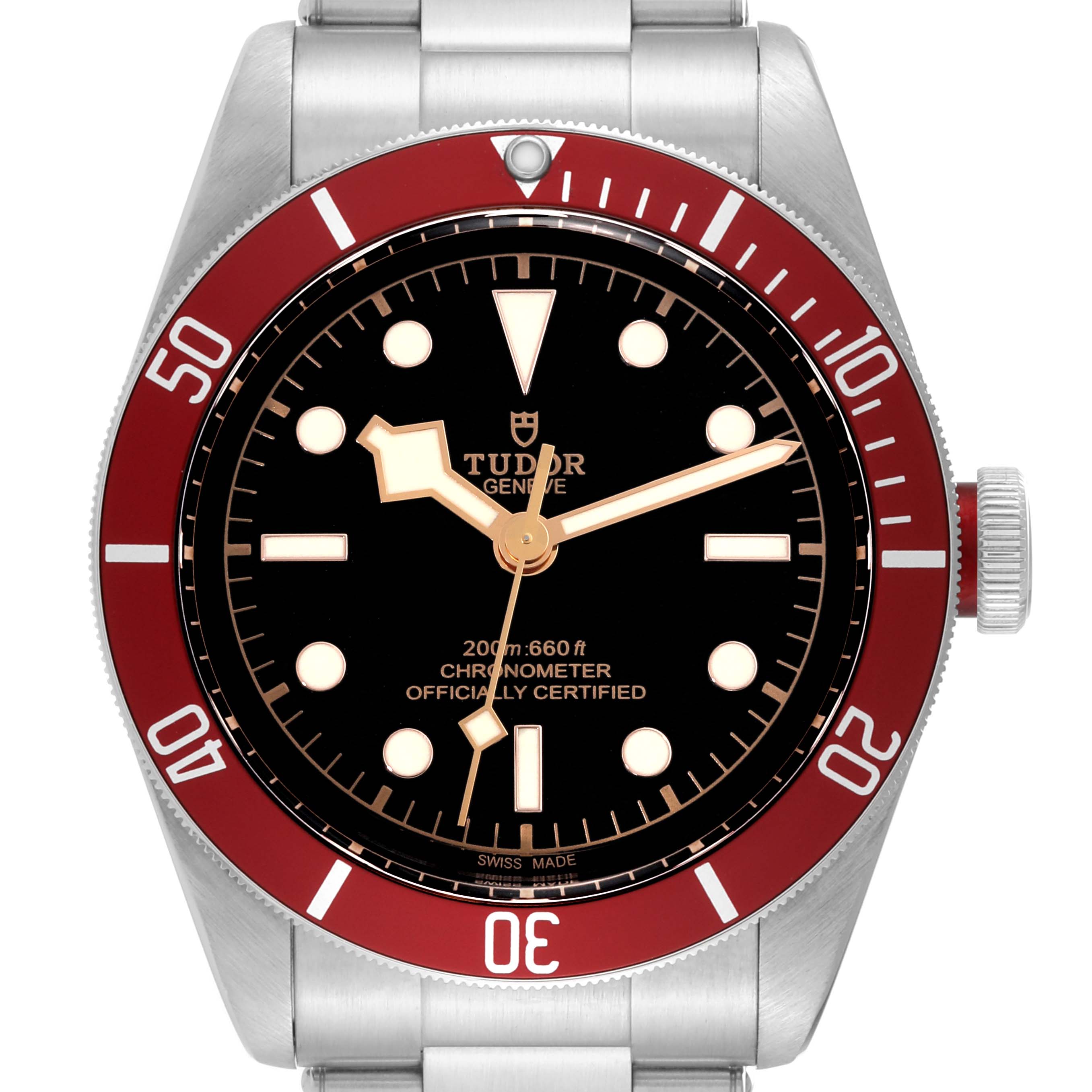 The image shows a frontal view of the Tudor Heritage Black Bay 79230R Men
s Stainless Steel Black Dial 79230R Men
s Stainless Steel Black Dial watch, highlighting the dial, bezel, and part of the bracelet.