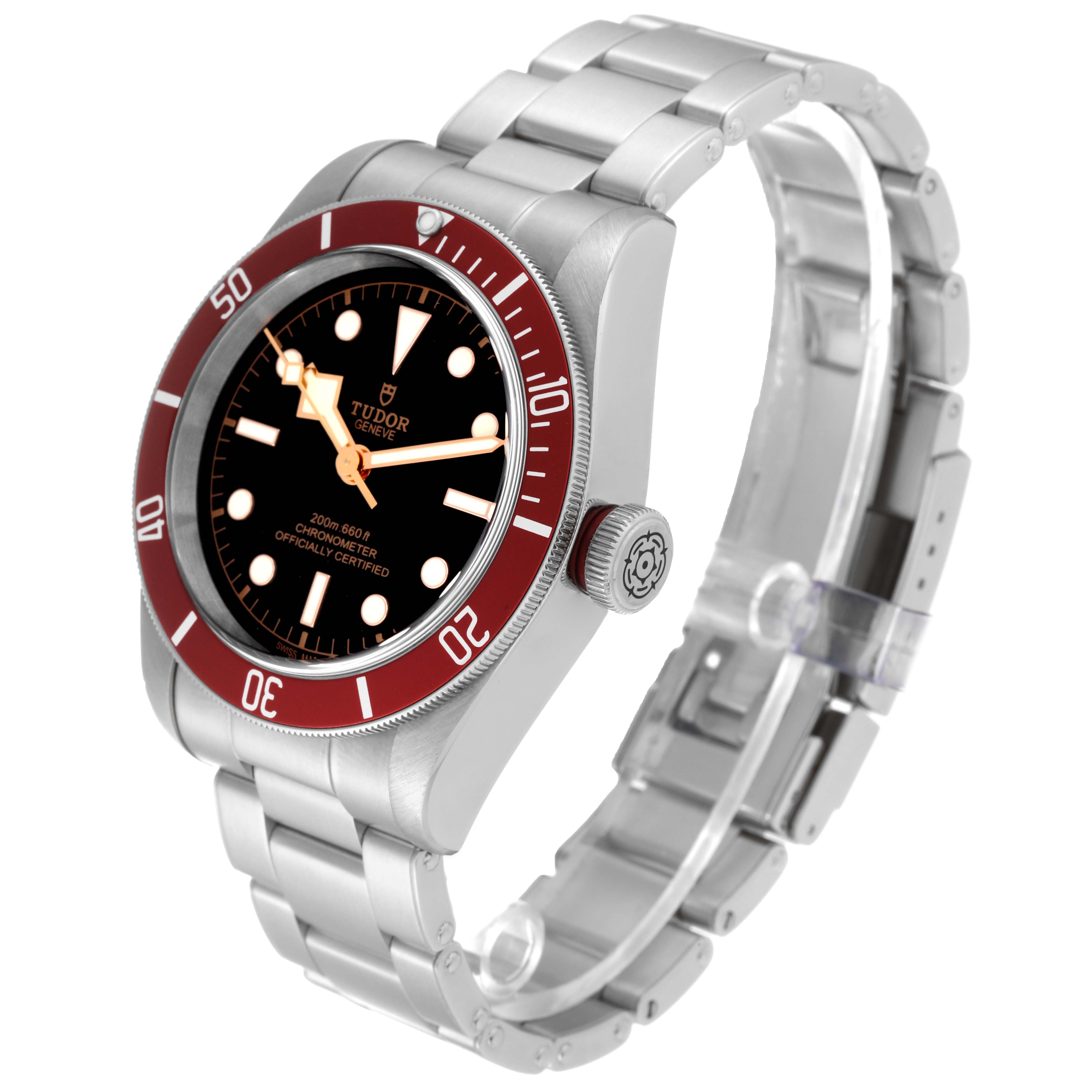 The Tudor Heritage Black Bay 79230R Men
s Stainless Steel Black Dial 79230R Men
s Stainless Steel Black Dial watch is shown at a three-quarter angle, highlighting the dial, bezel, crown, and bracelet.