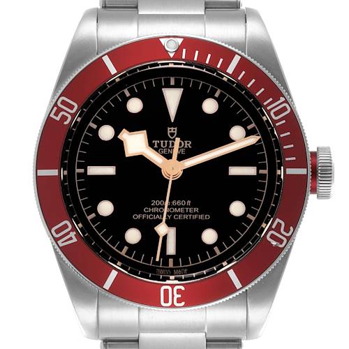 The Tudor Heritage Black Bay watch is shown from a front angle, highlighting the bezel, dial, and crown.