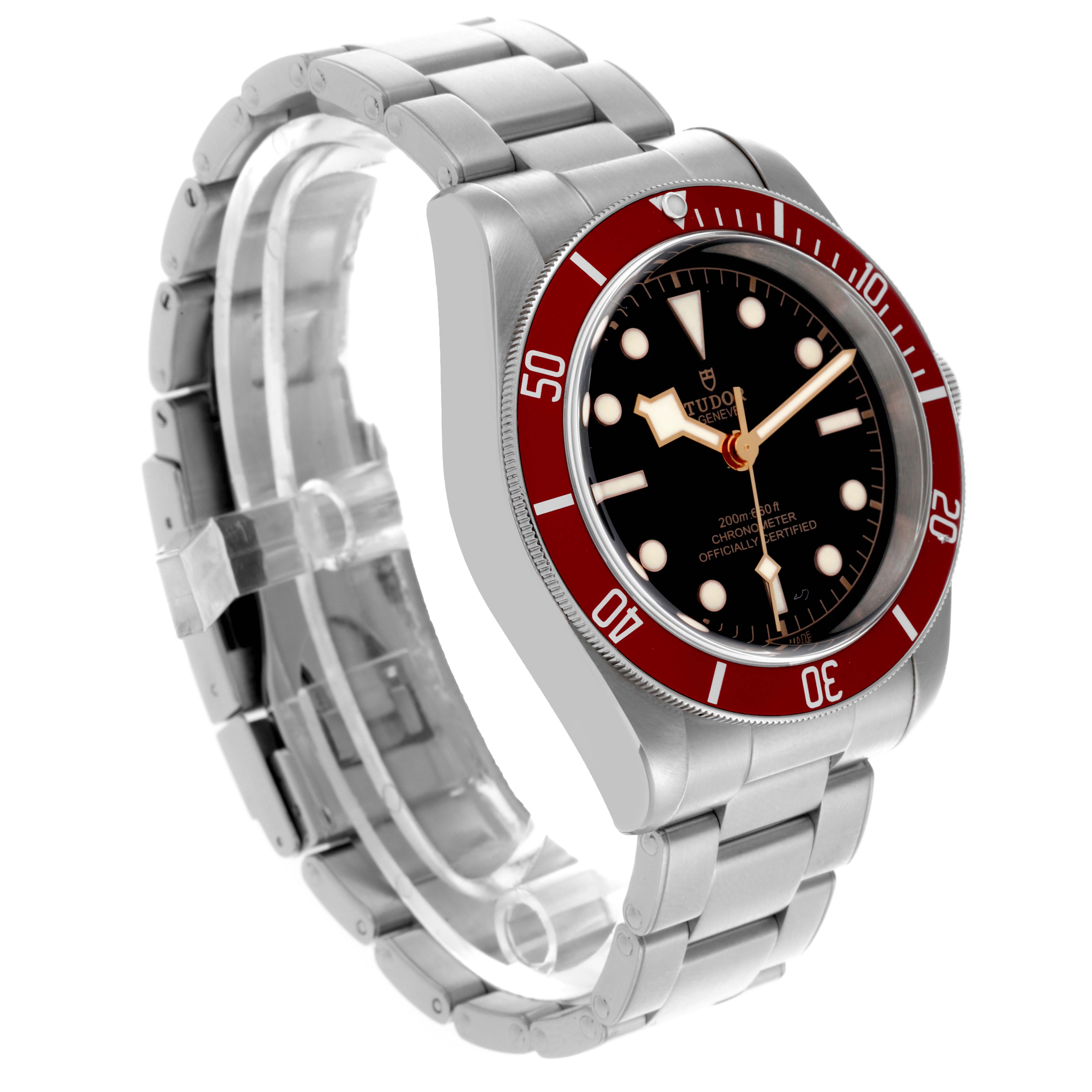 The Tudor Heritage Black Bay 79230R-0003 Men's Stainless Steel Black Dial 79230R-0003 Men's Stainless Steel Black Dial watch is shown at a side angle, highlighting the dial, bezel, and stainless steel bracelet.