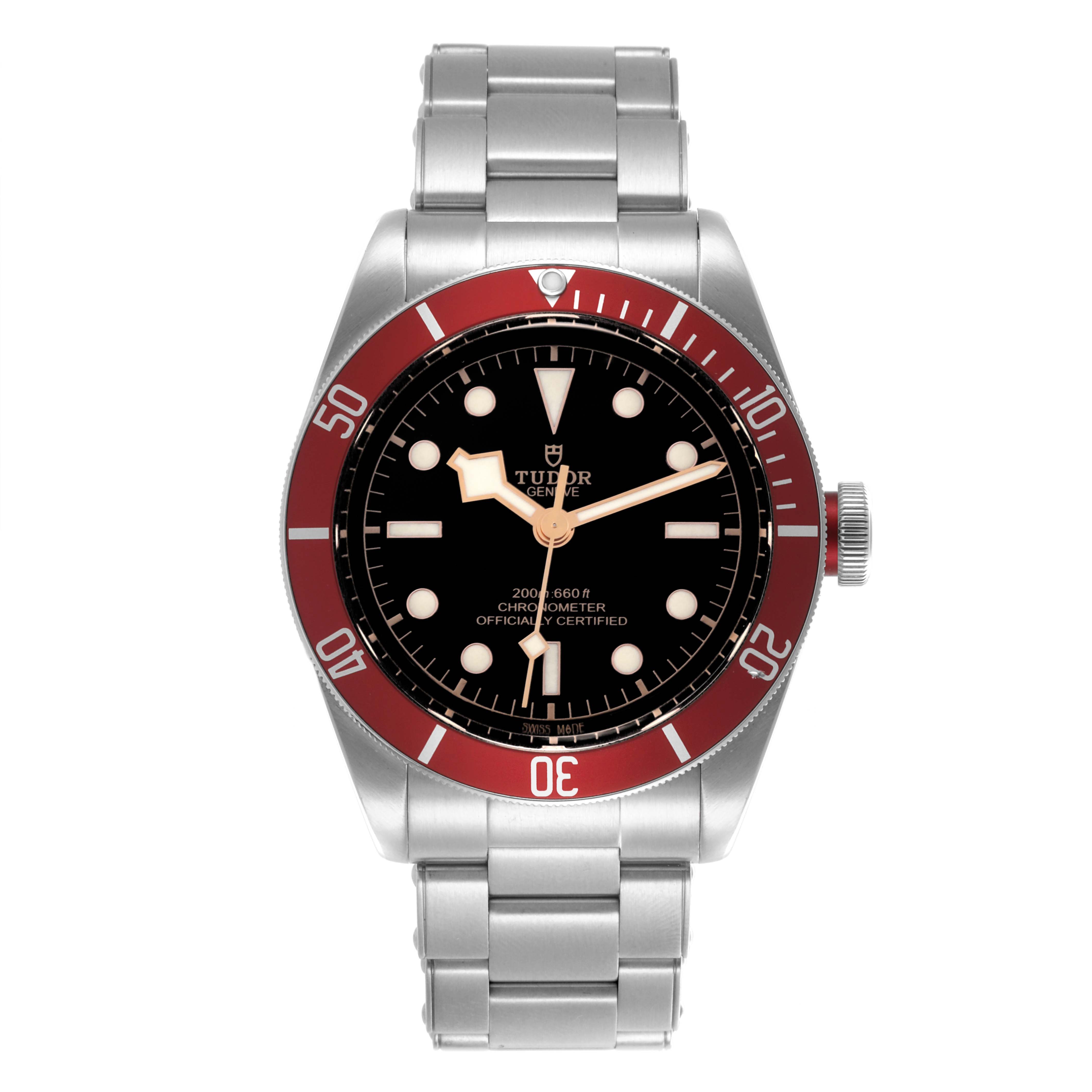 The Tudor Heritage Black Bay 79230R-0003 Men's Stainless Steel Black Dial 79230R-0003 Men's Stainless Steel Black Dial watch is shown from the front, highlighting the dial, bezel, and bracelet.