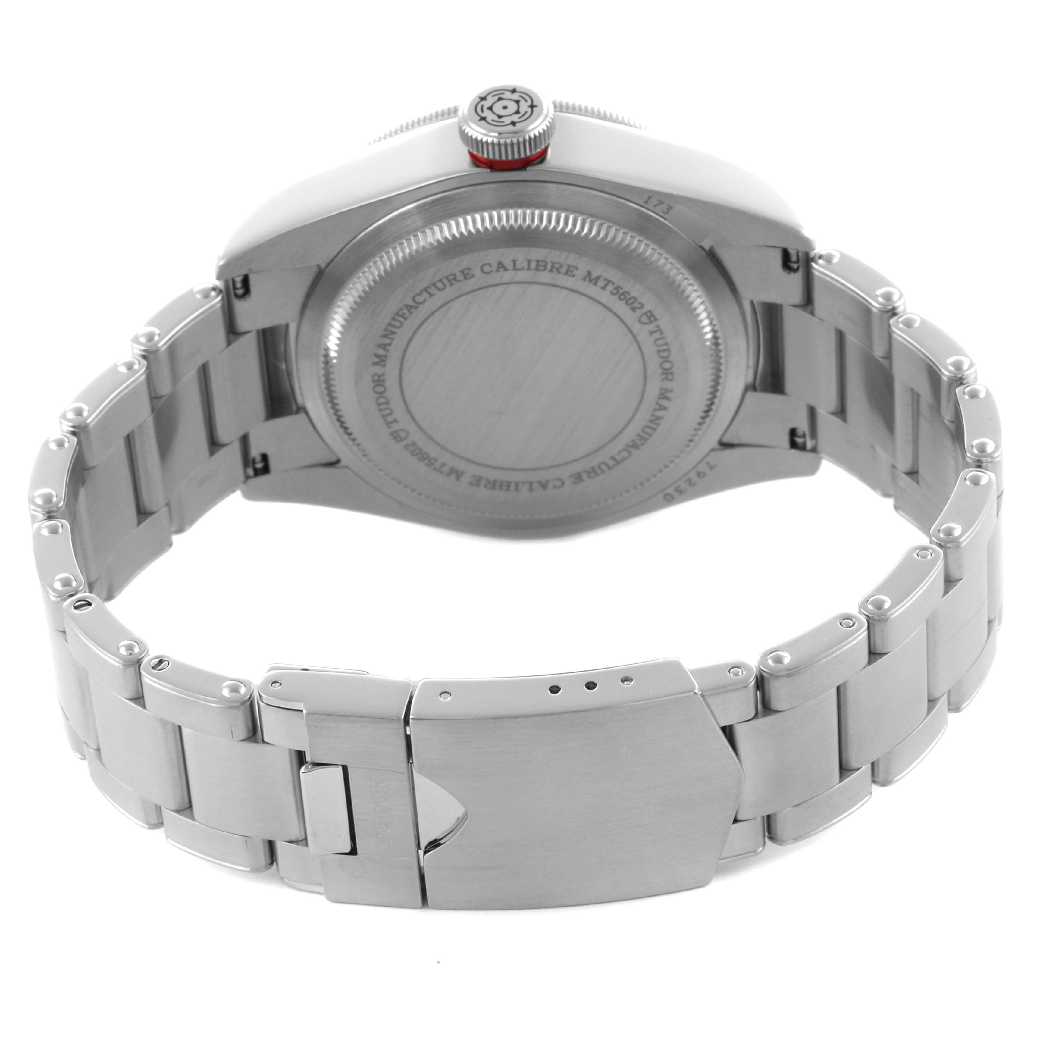 The image shows the backside and clasp of a Tudor Heritage Black Bay 79230R-0003 Men's Stainless Steel Black Dial 79230R-0003 Men's Stainless Steel Black Dial watch, spotlighting its bracelet and case back.