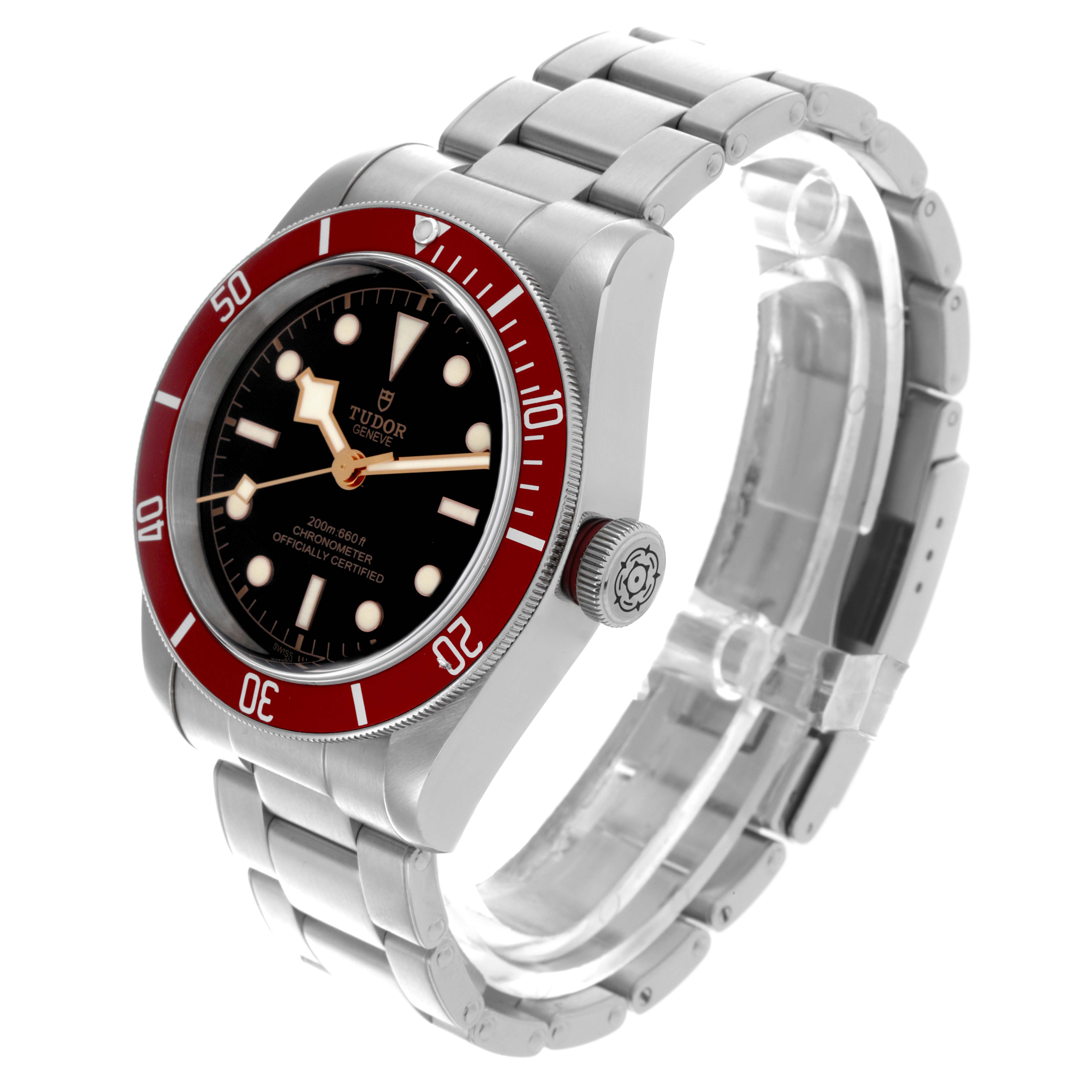 The Tudor Heritage Black Bay 79230R-0003 Men's Stainless Steel Black Dial 79230R-0003 Men's Stainless Steel Black Dial watch is shown at a three-quarter angle, highlighting the dial, bezel, and bracelet.