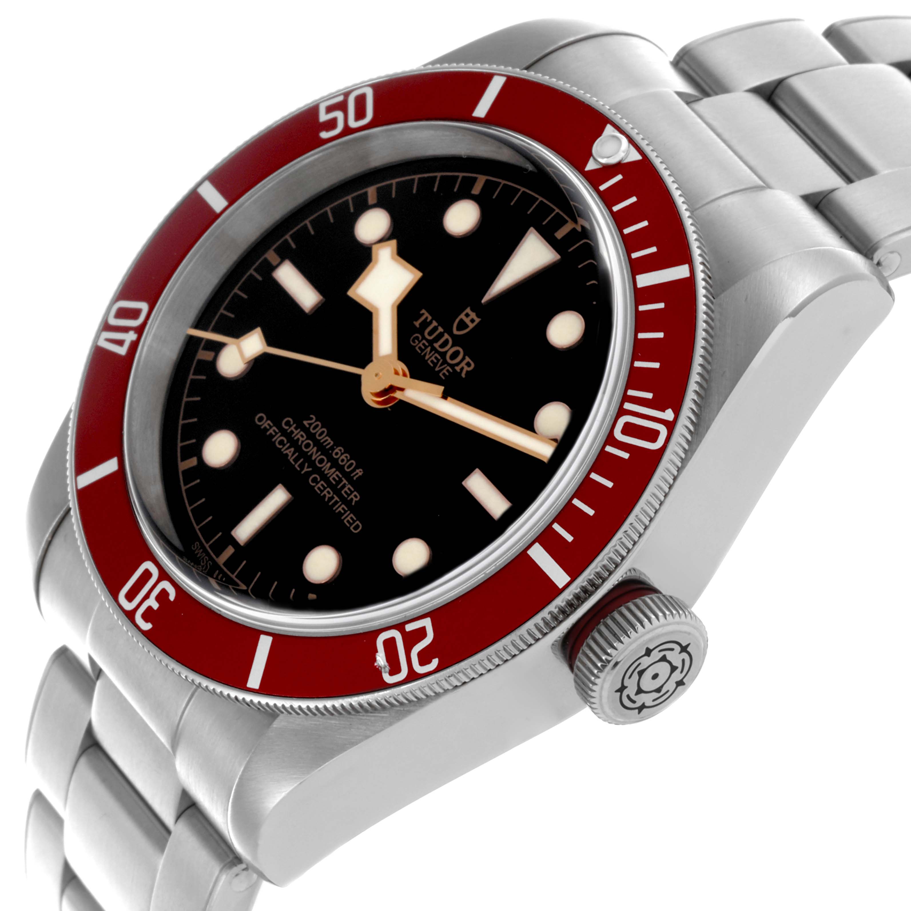 The image shows a Tudor Heritage Black Bay 79230R-0003 Men's Stainless Steel Black Dial 79230R-0003 Men's Stainless Steel Black Dial watch from a side angle, displaying the bezel, crown, and part of the bracelet.