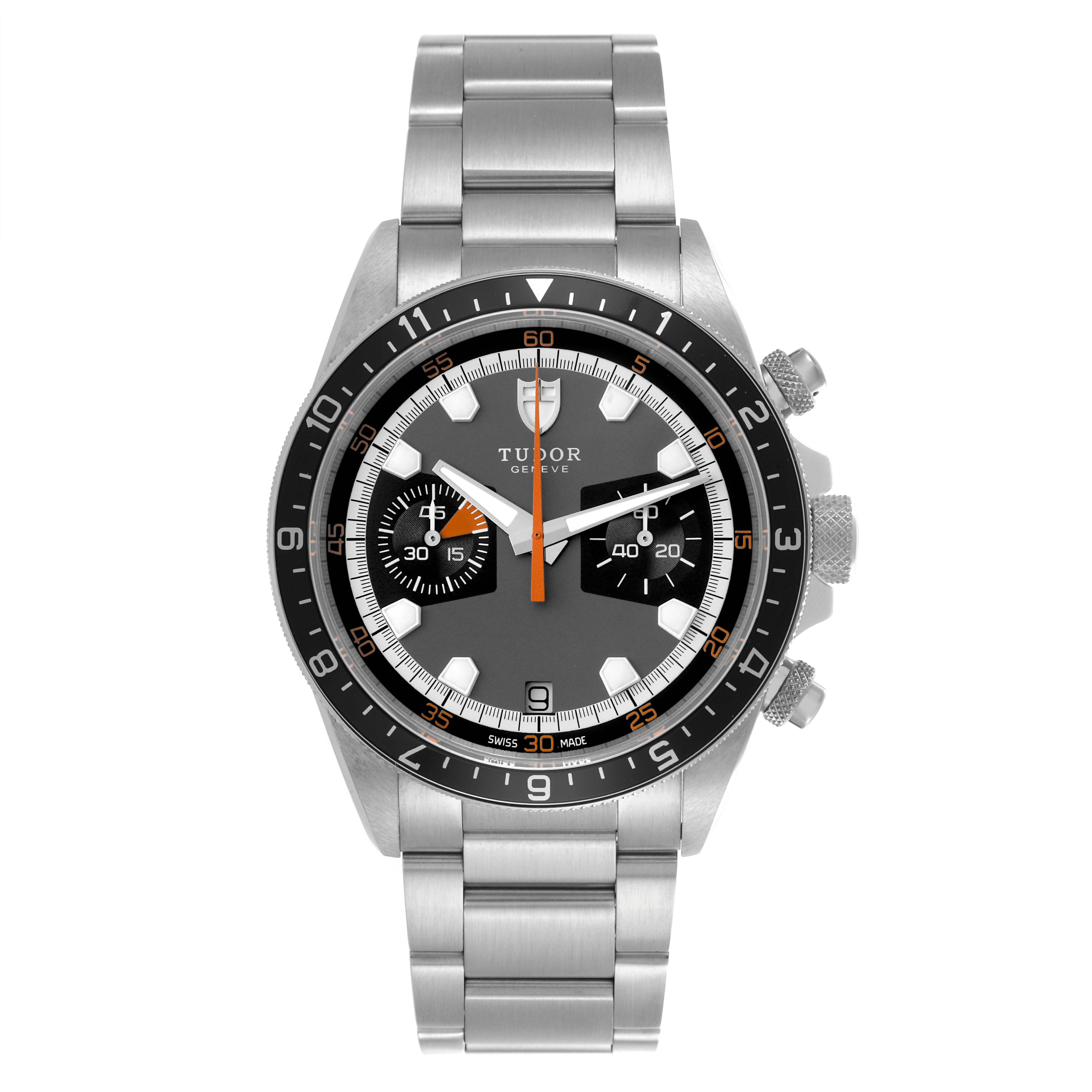 The Tudor Heritage Chrono 70330N-65740 Men's Stainless Steel Grey Dial 70330N-65740 Men's Stainless Steel Grey Dial watch is shown from the front, displaying its face, bezel, and metal bracelet.