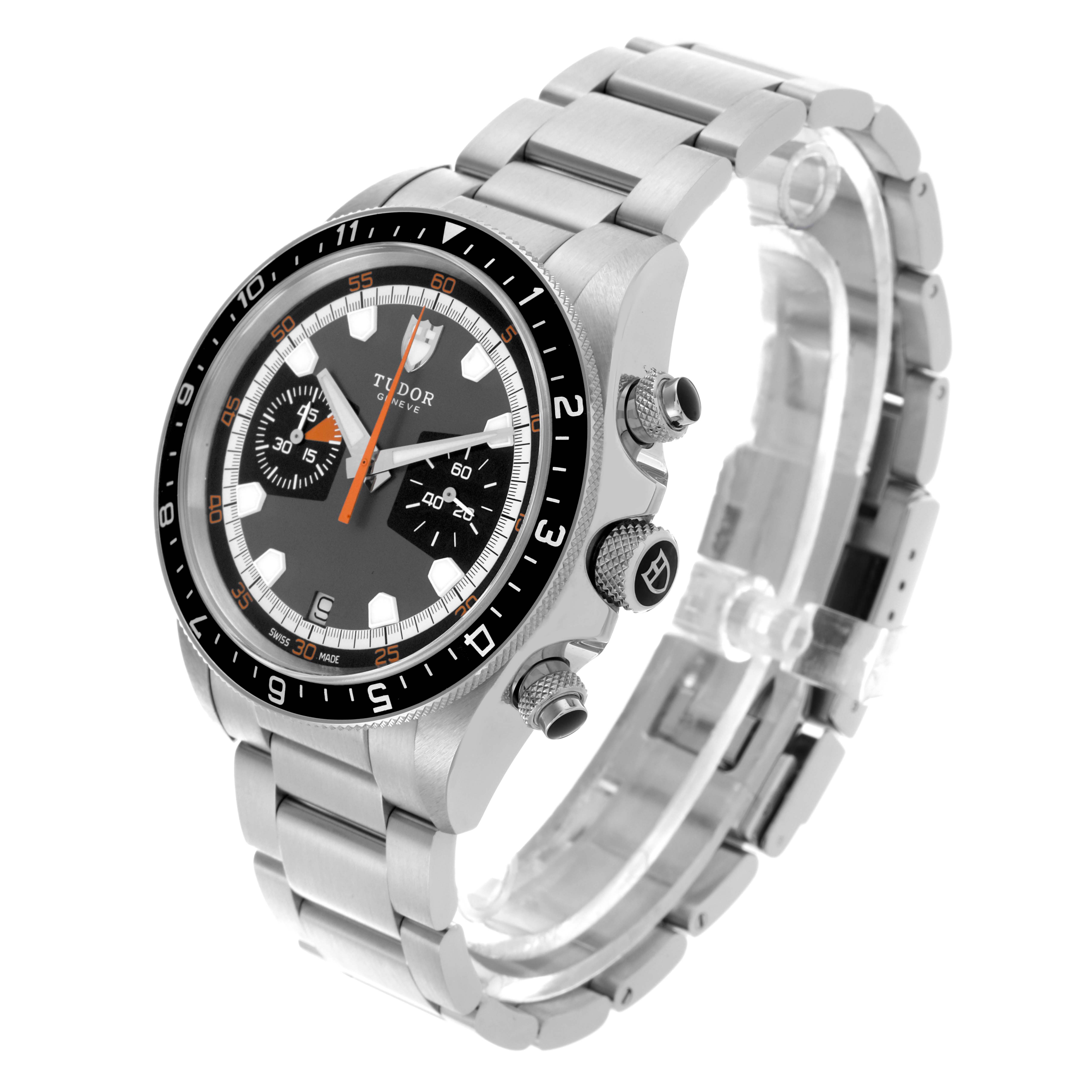 The image shows the Tudor Heritage Chrono 70330N-65740 Men's Stainless Steel Grey Dial 70330N-65740 Men's Stainless Steel Grey Dial watch from a three-quarter angle, highlighting the bezel, dial, crown, and bracelet.